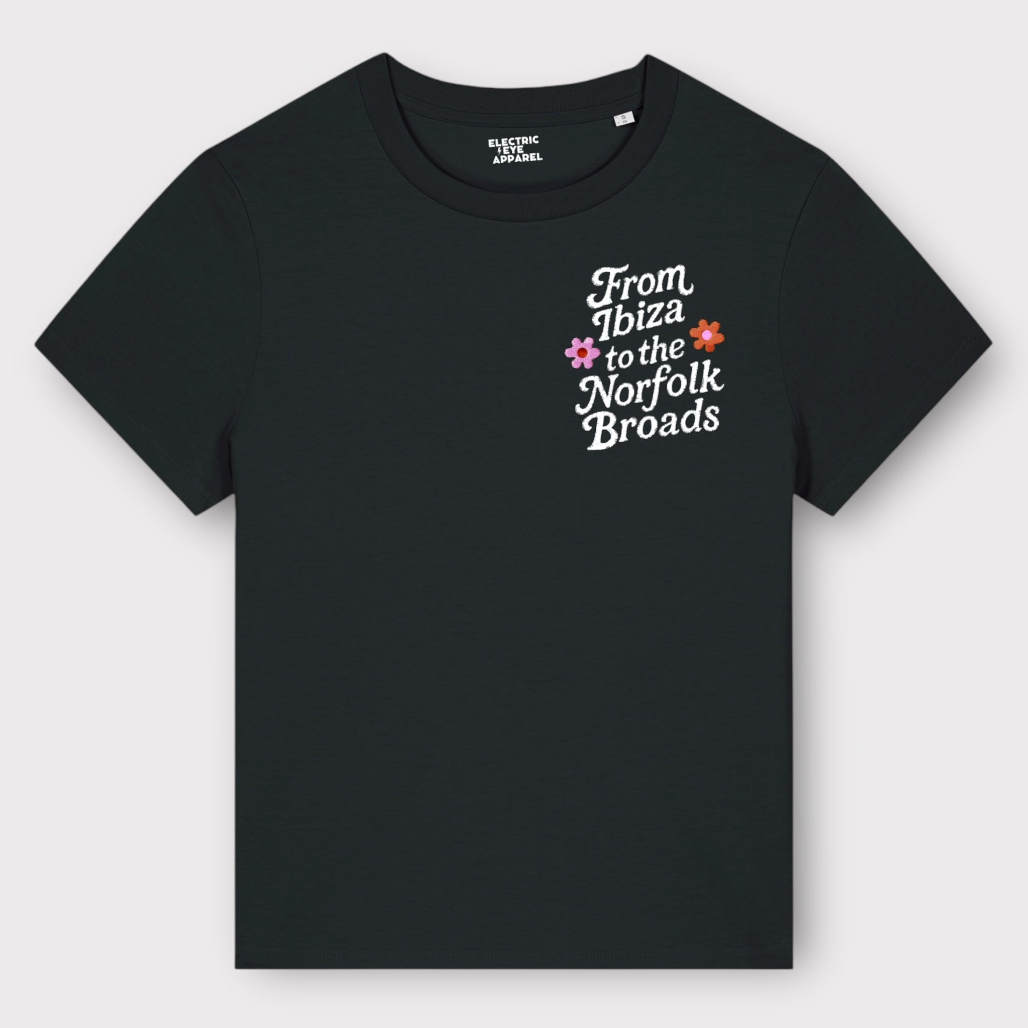 Flower Power 'FROM IBIZA TO THE NORFOLK BROADS' embroidered women's left chest premium organic medium fit 'Muser' t-shirt - inspired by David Bowie