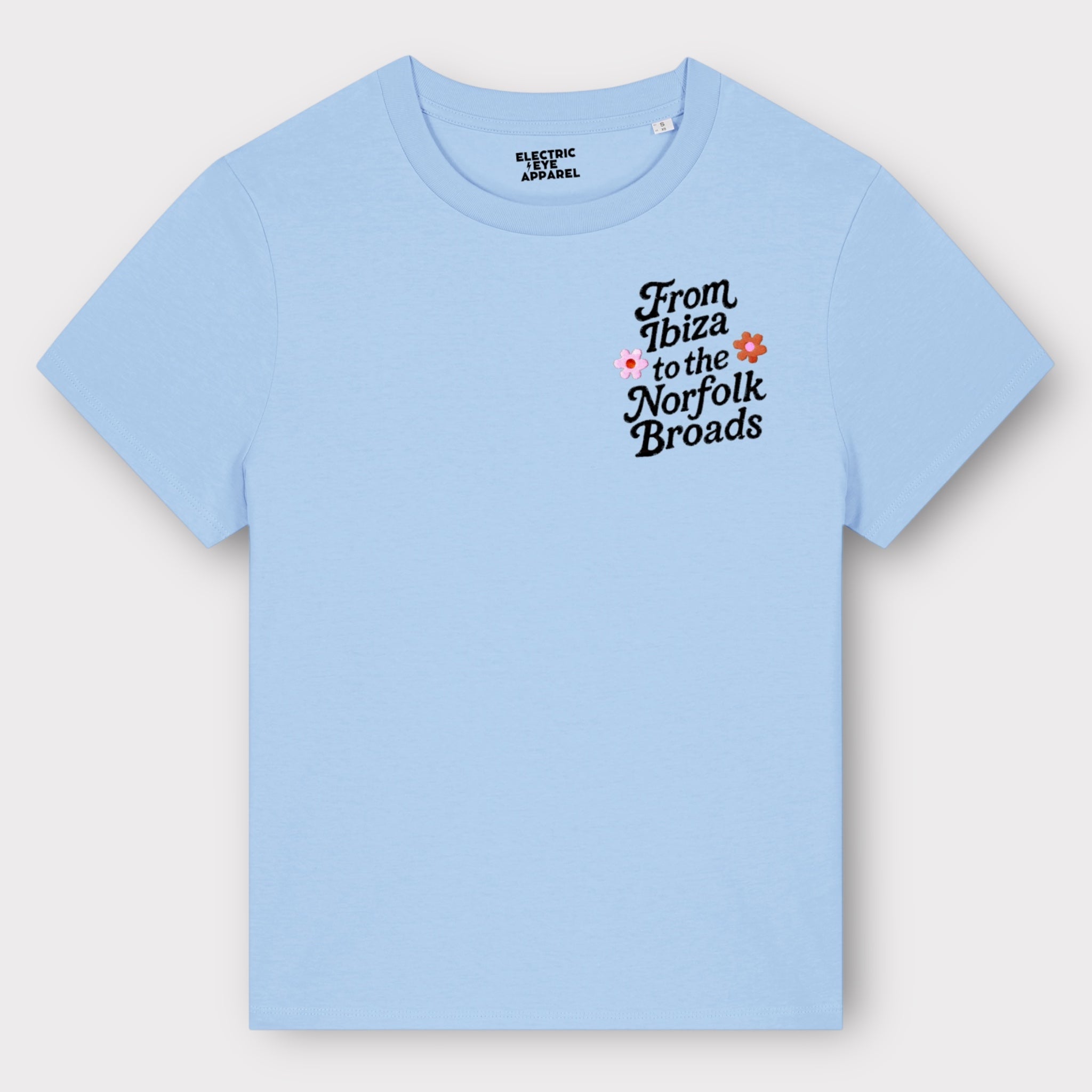 Flower Power 'FROM IBIZA TO THE NORFOLK BROADS' embroidered women's left chest premium organic medium fit 'Muser' t-shirt - inspired by David Bowie