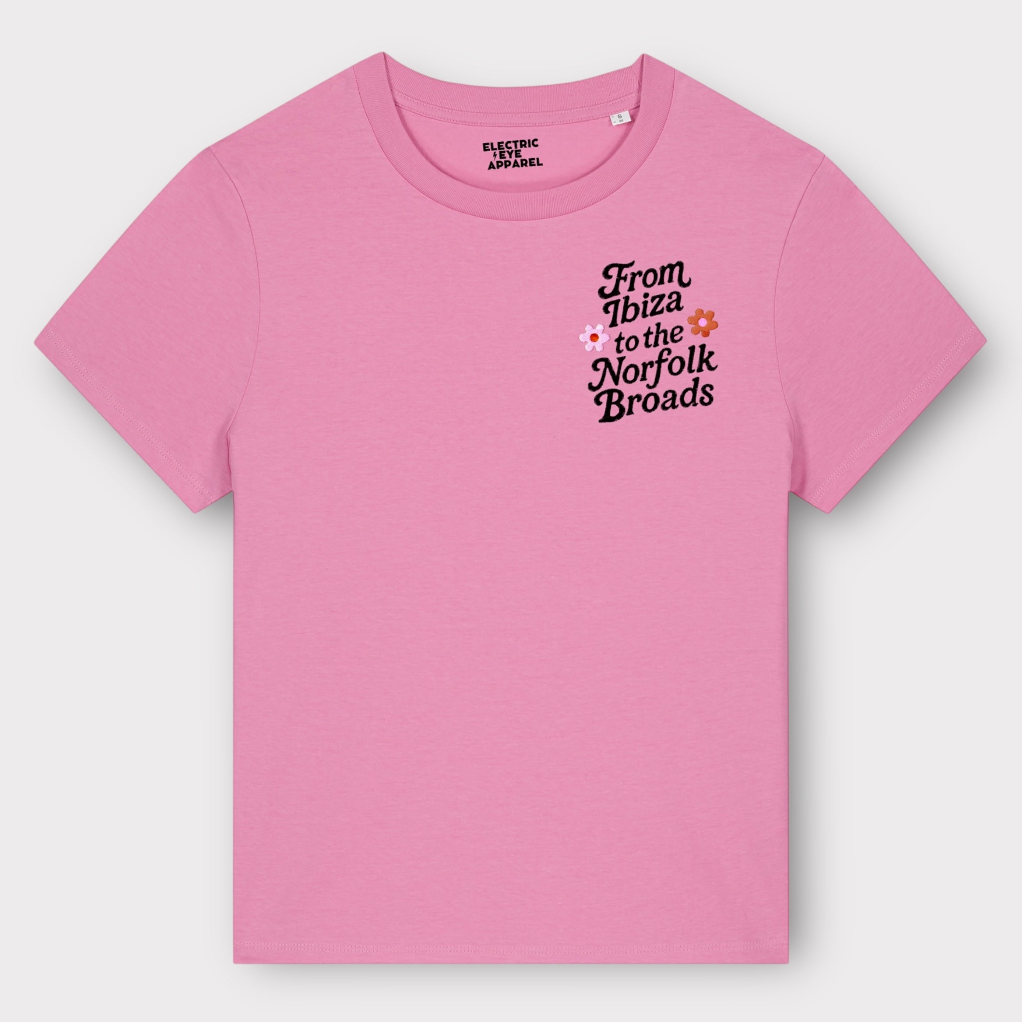 Flower Power 'FROM IBIZA TO THE NORFOLK BROADS' embroidered women's left chest premium organic medium fit 'Muser' t-shirt - inspired by David Bowie