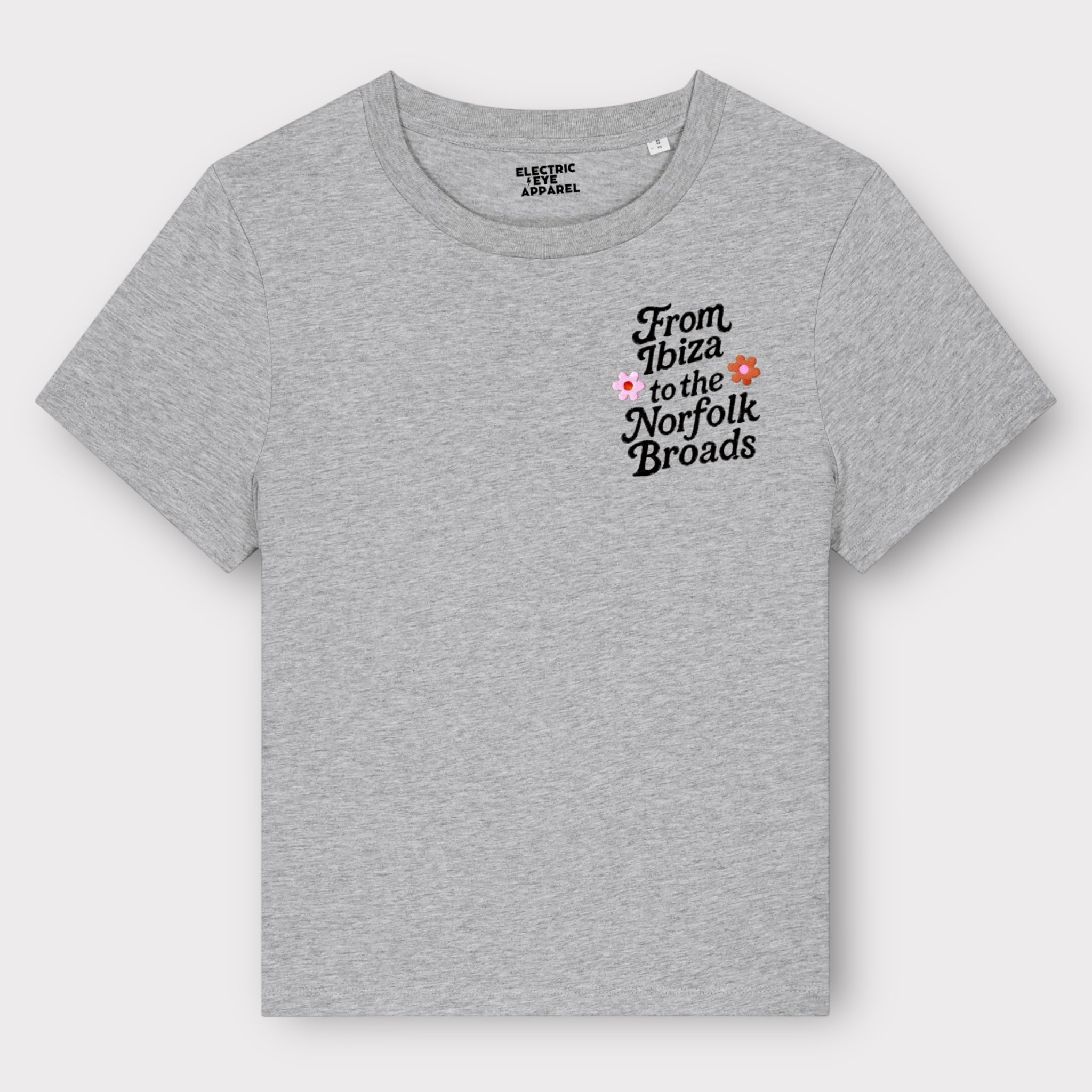 Flower Power 'FROM IBIZA TO THE NORFOLK BROADS' embroidered women's left chest premium organic medium fit 'Muser' t-shirt - inspired by David Bowie