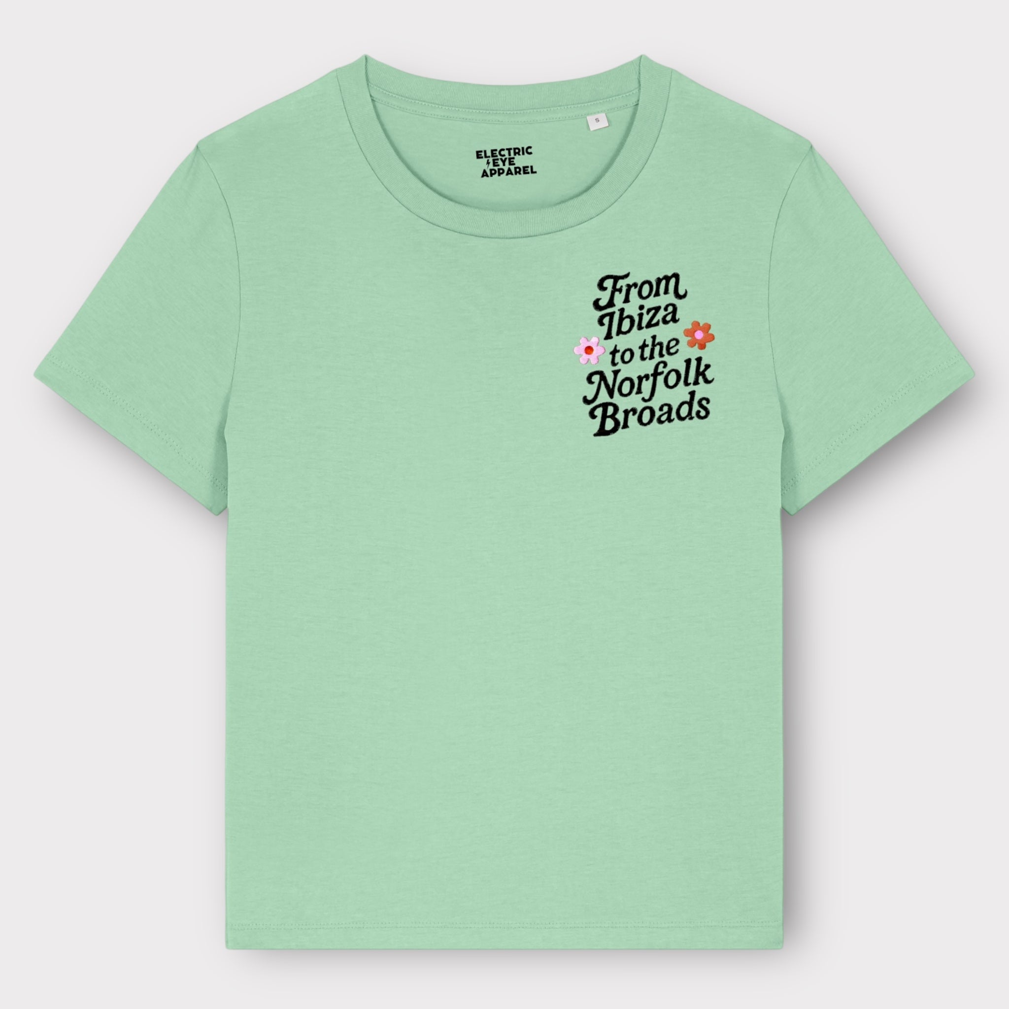 Flower Power 'FROM IBIZA TO THE NORFOLK BROADS' embroidered women's left chest premium organic medium fit 'Muser' t-shirt - inspired by David Bowie