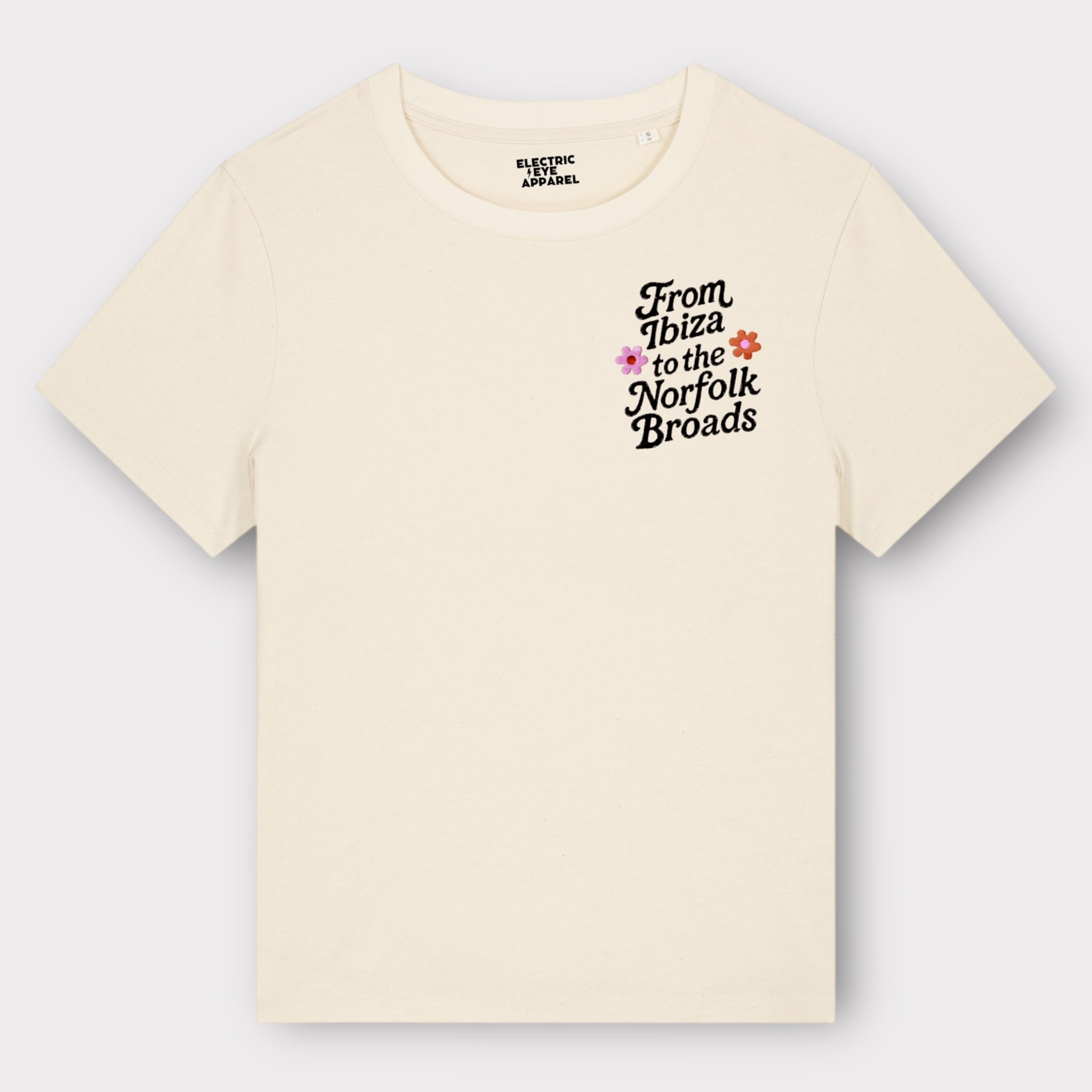 Flower Power 'FROM IBIZA TO THE NORFOLK BROADS' embroidered women's left chest premium organic medium fit 'Muser' t-shirt - inspired by David Bowie