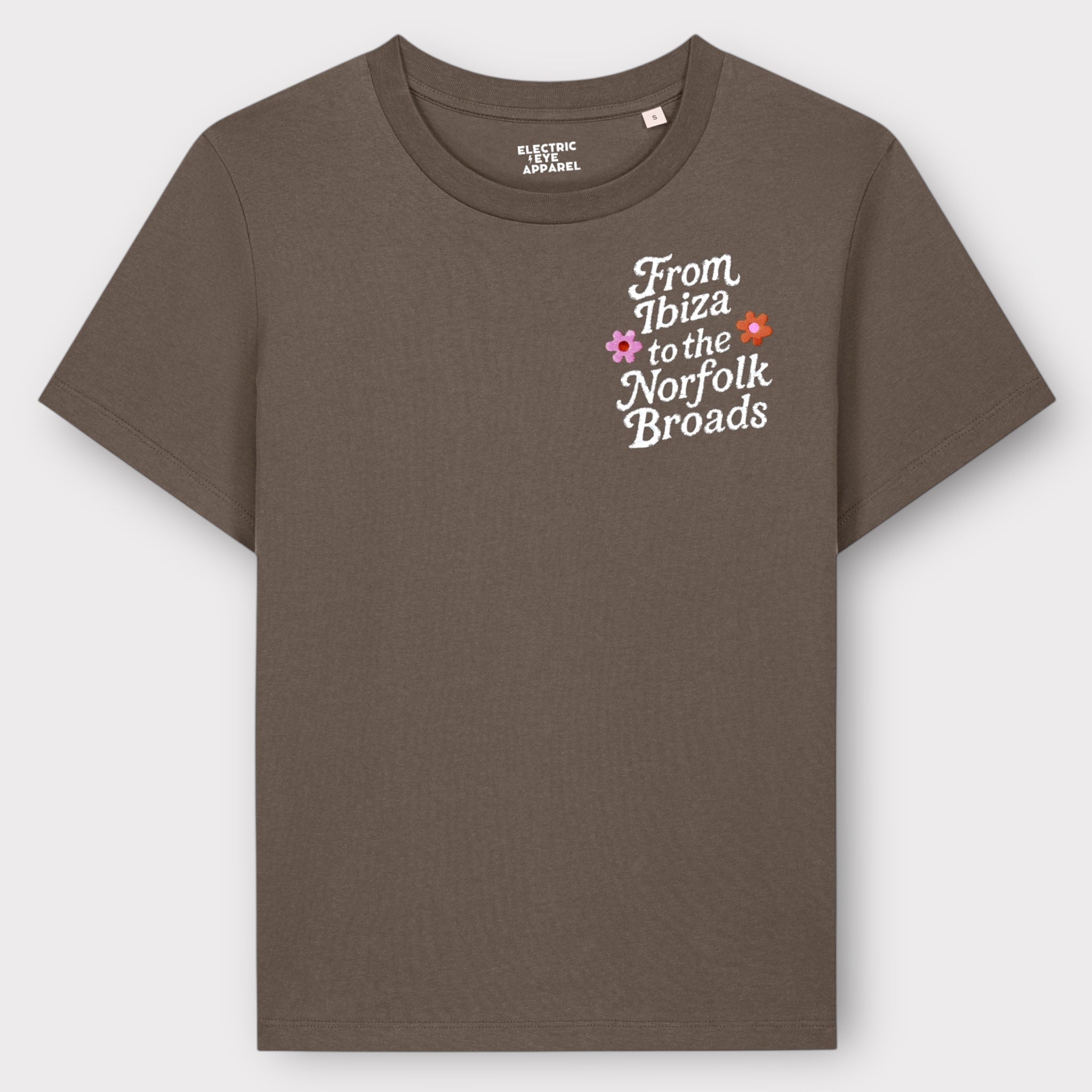 Flower Power 'FROM IBIZA TO THE NORFOLK BROADS' embroidered women's left chest premium organic medium fit 'Muser' t-shirt - inspired by David Bowie
