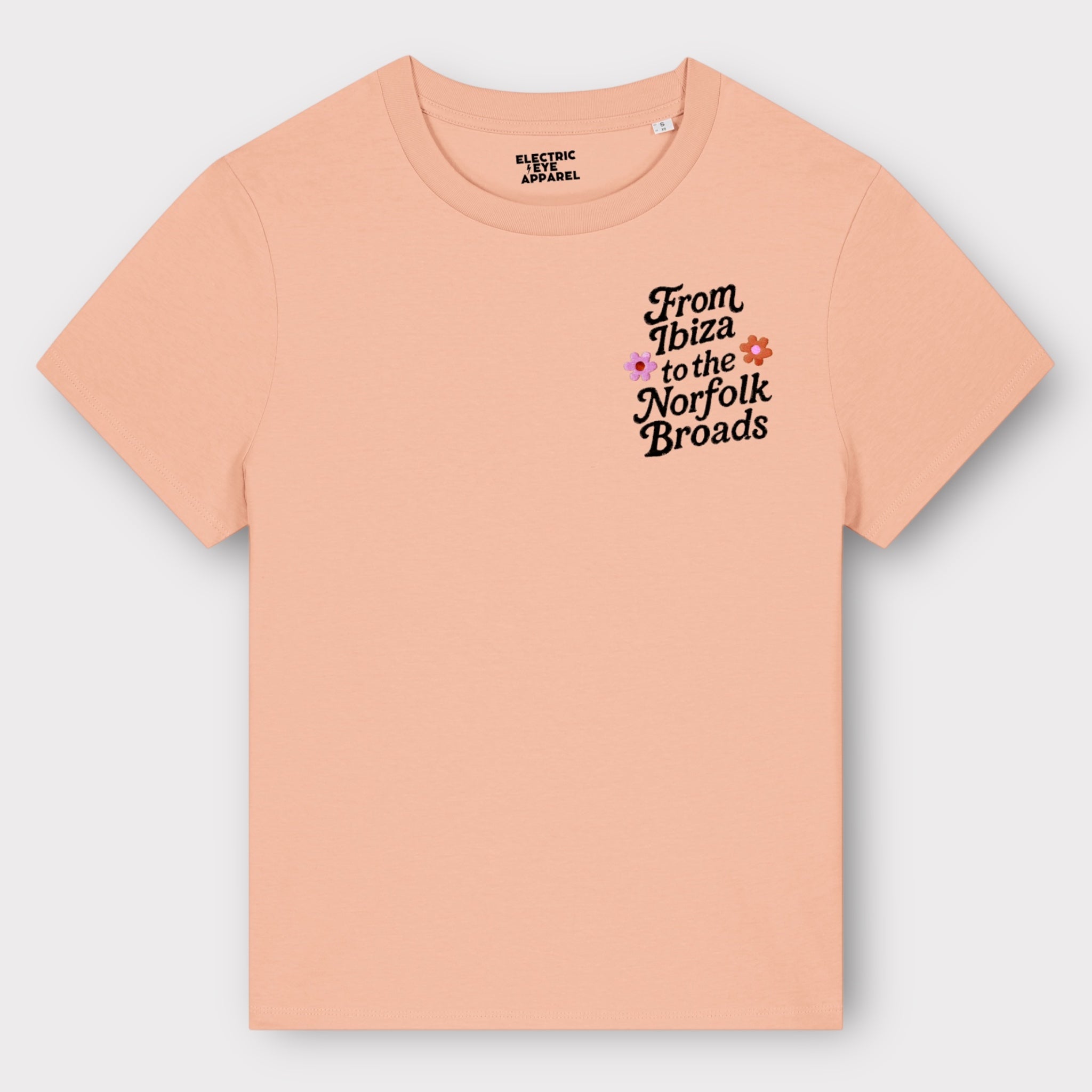 Flower Power 'FROM IBIZA TO THE NORFOLK BROADS' embroidered women's left chest premium organic medium fit 'Muser' t-shirt - inspired by David Bowie