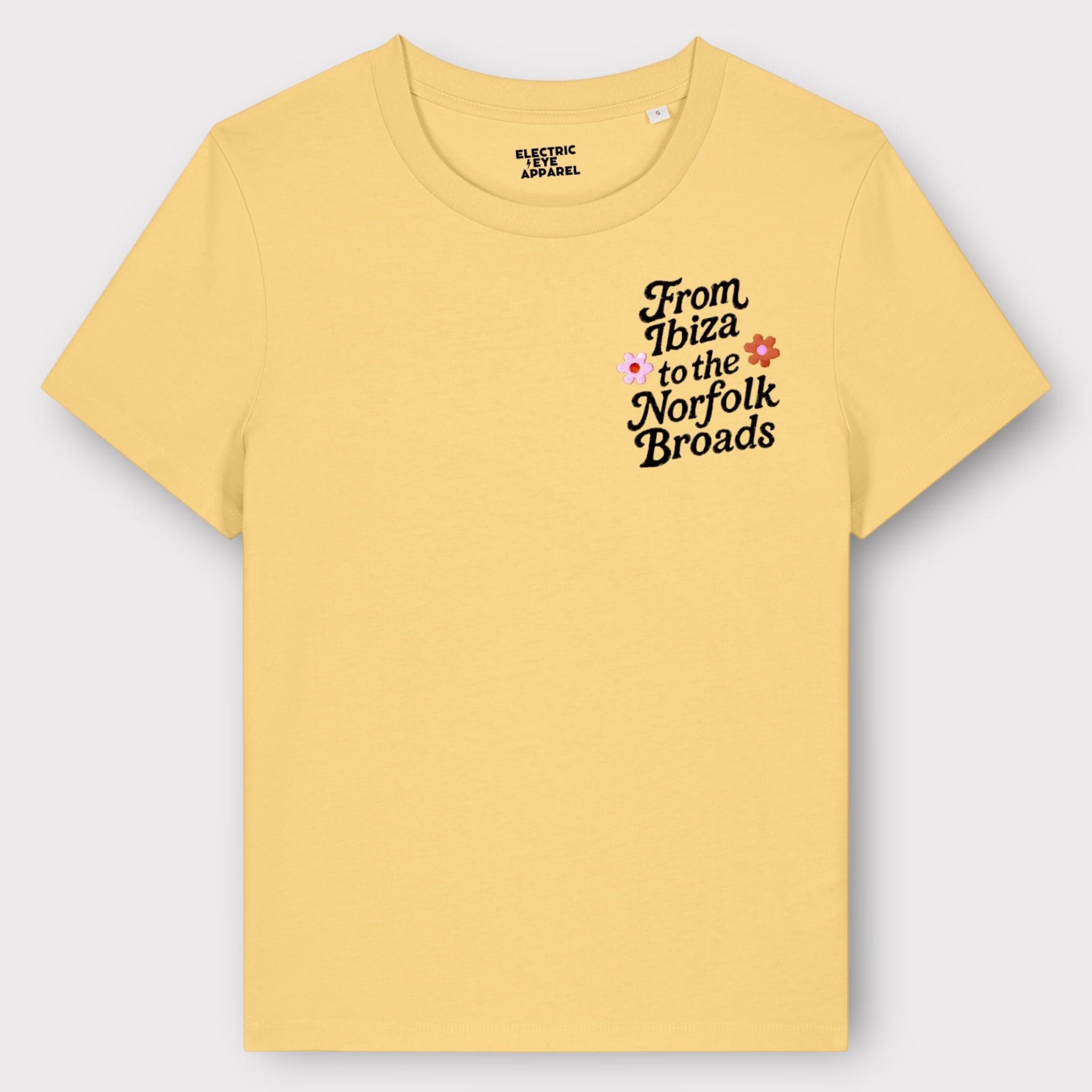 Flower Power 'FROM IBIZA TO THE NORFOLK BROADS' embroidered women's left chest premium organic medium fit 'Muser' t-shirt - inspired by David Bowie