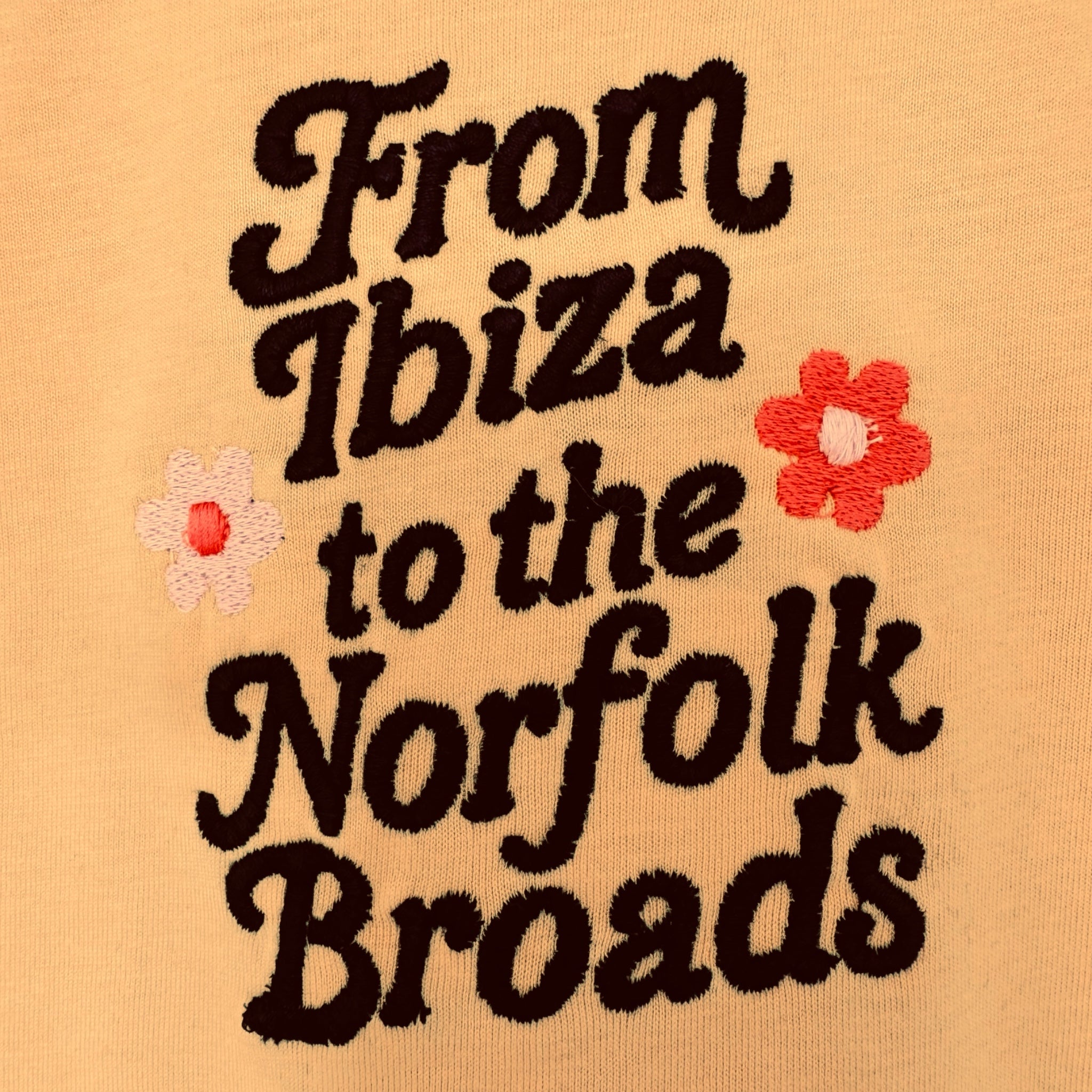 Flower Power 'FROM IBIZA TO THE NORFOLK BROADS' embroidered women's left chest premium organic medium fit 'Muser' t-shirt - inspired by David Bowie