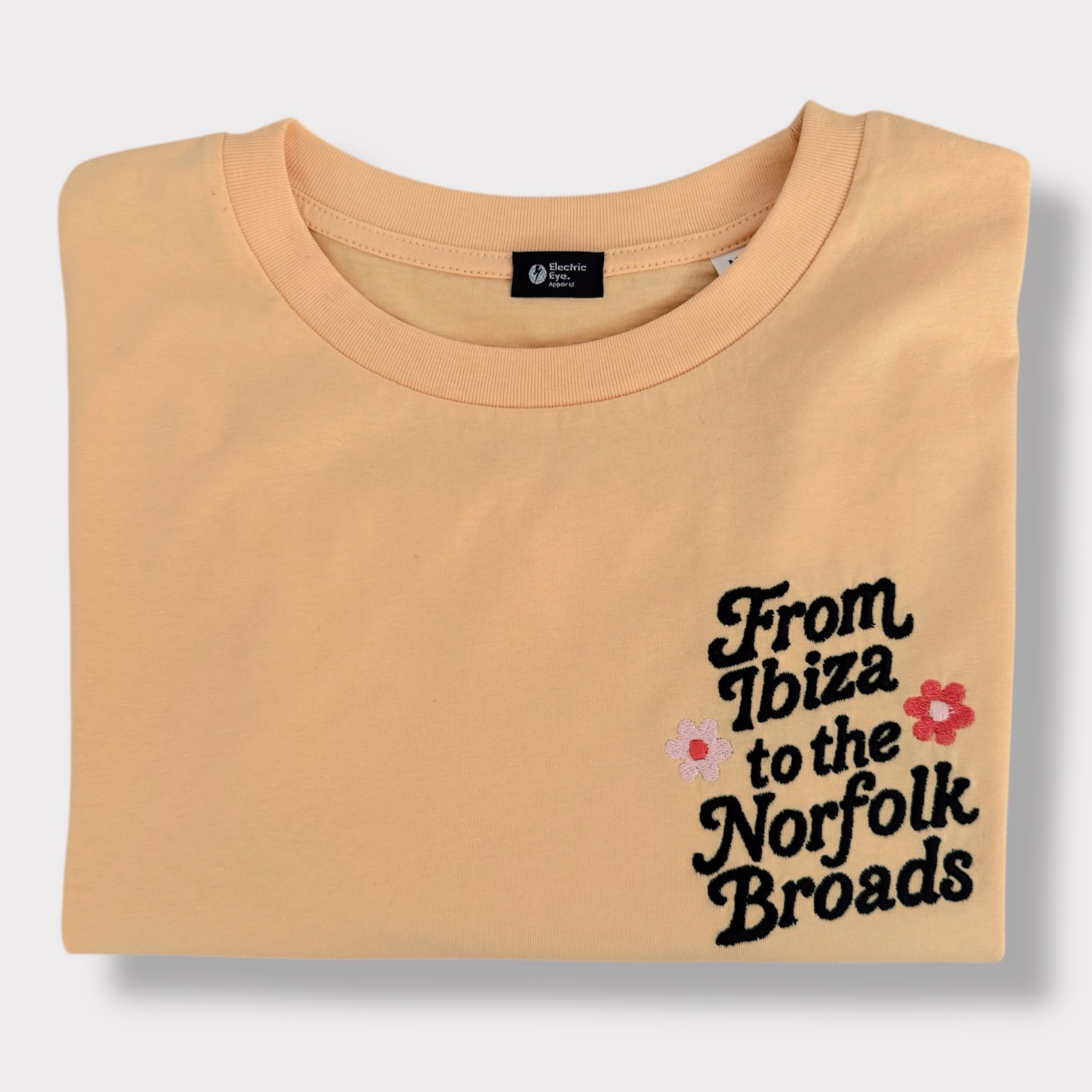 Flower Power 'FROM IBIZA TO THE NORFOLK BROADS' embroidered women's left chest premium organic medium fit 'Muser' t-shirt - inspired by David Bowie