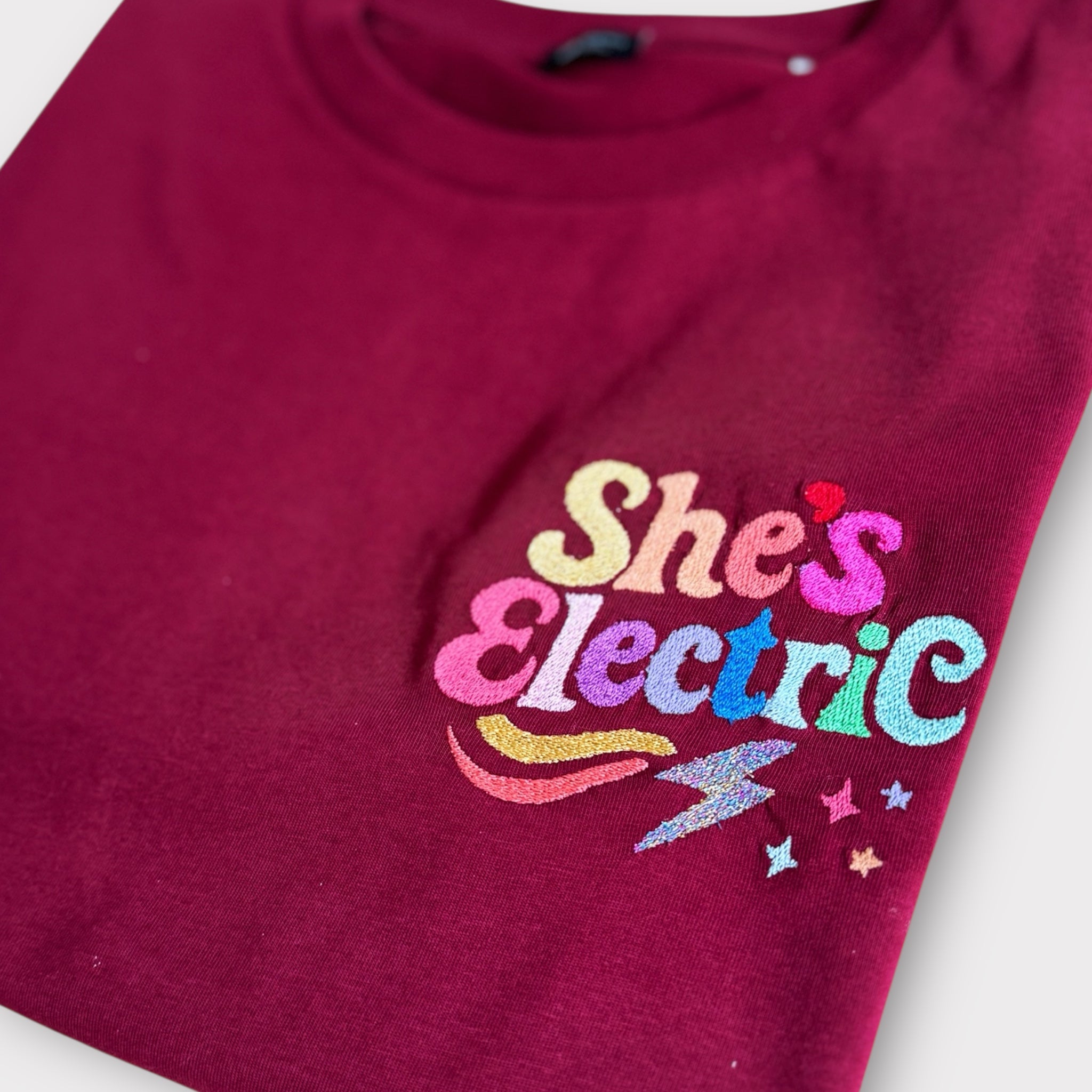 Retro Rainbow 'SHE'S ELECTRIC' embroidered women's left chest premium organic medium fit 'Muser' t-shirt - inspired by Oasis