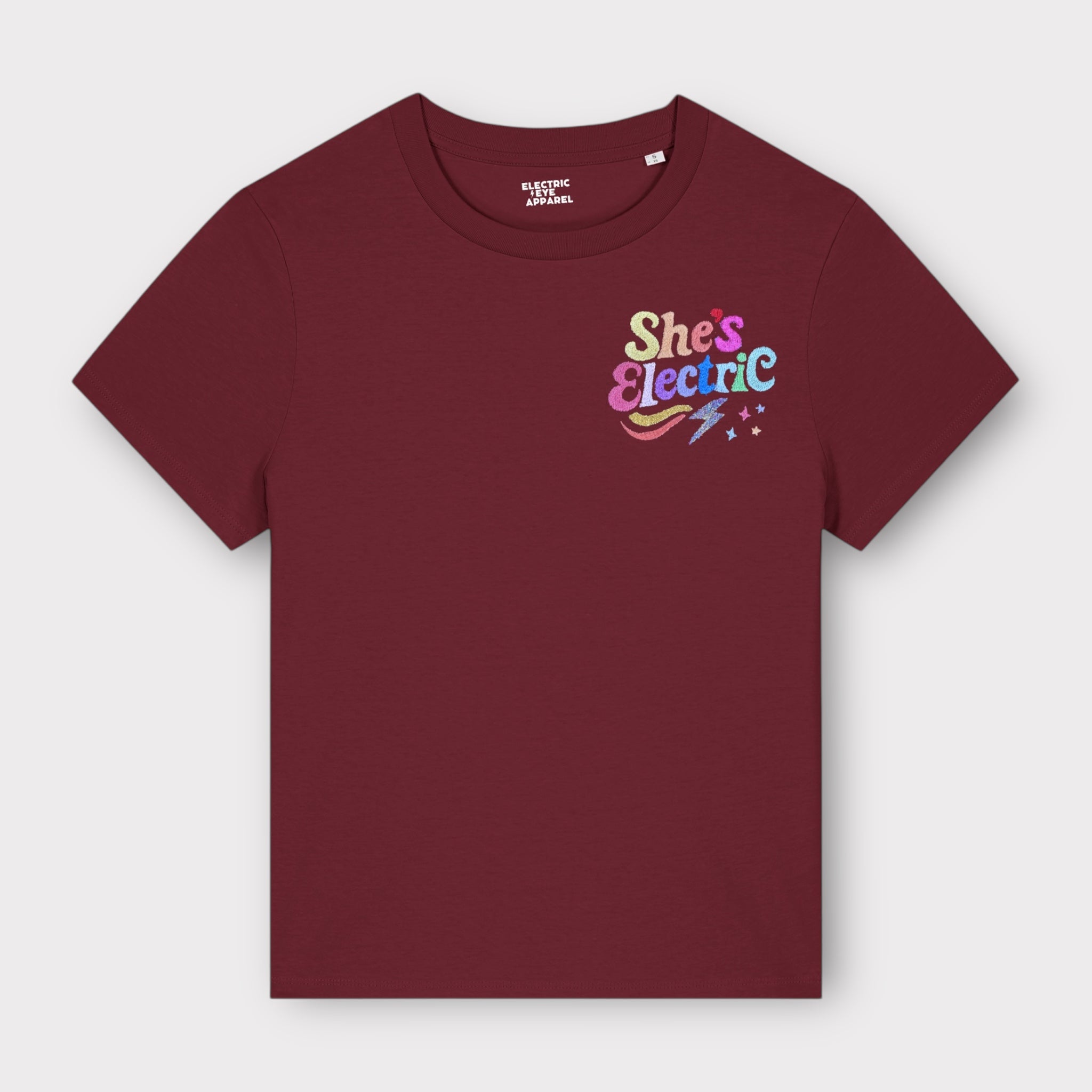 Retro Rainbow 'SHE'S ELECTRIC' embroidered women's left chest premium organic medium fit 'Muser' t-shirt - inspired by Oasis