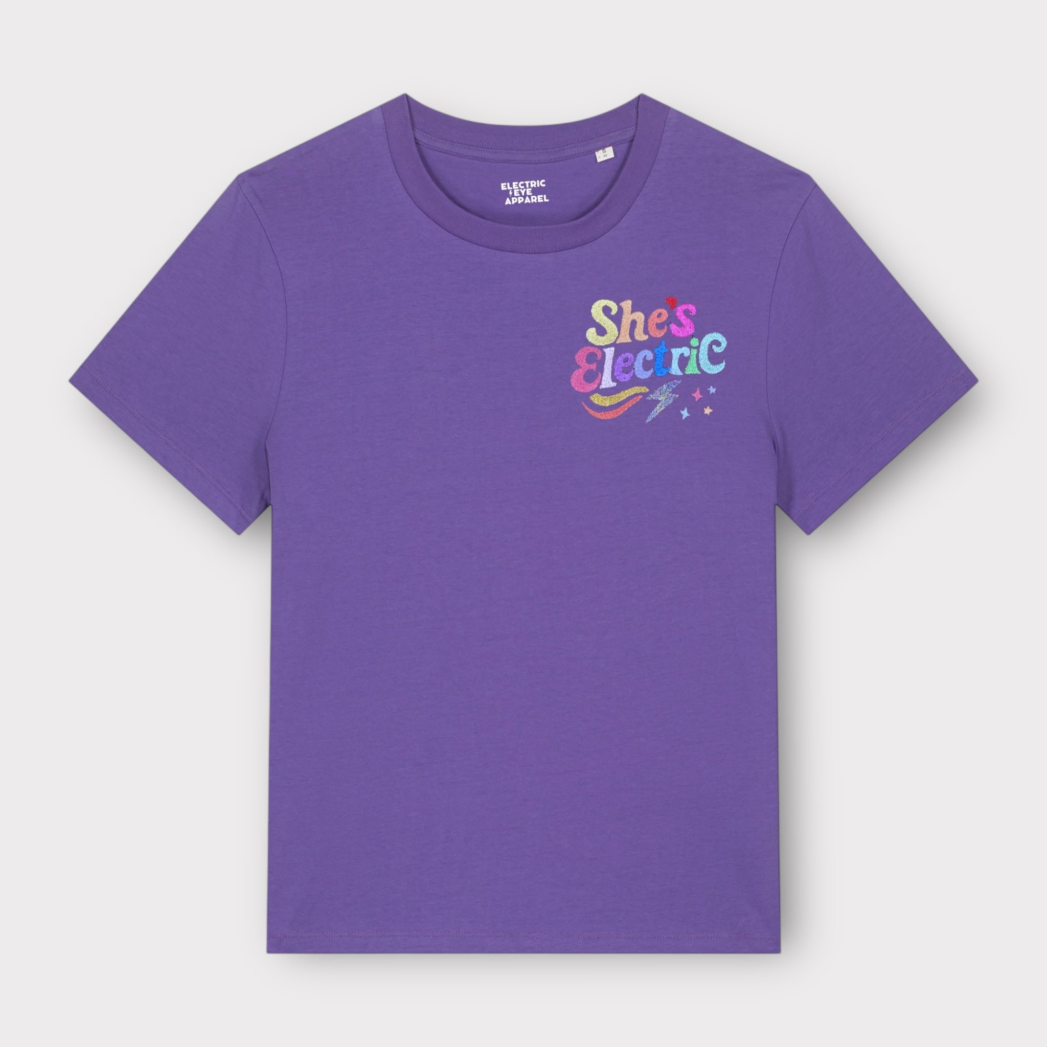 Retro Rainbow 'SHE'S ELECTRIC' embroidered women's left chest premium organic medium fit 'Muser' t-shirt - inspired by Oasis