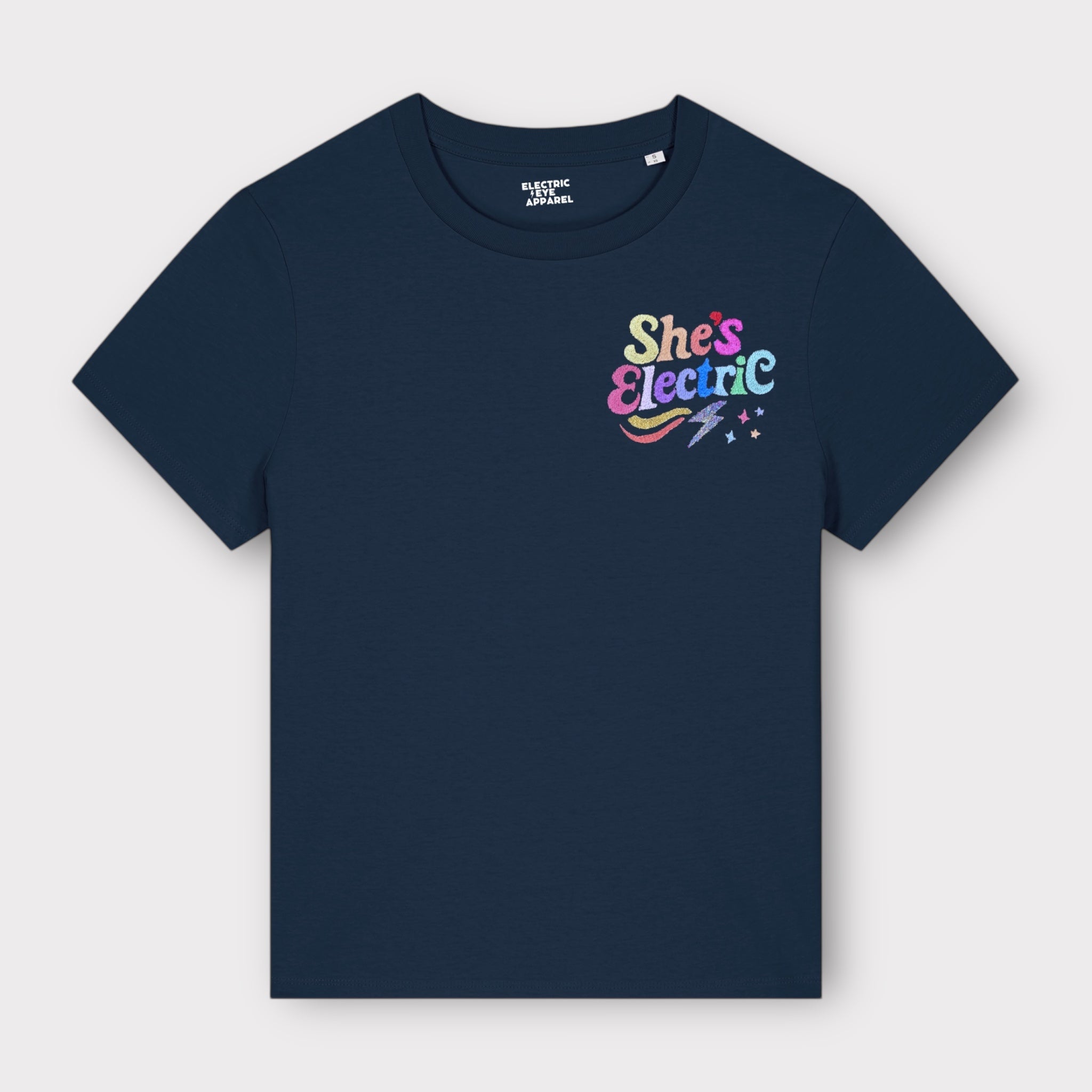 Retro Rainbow 'SHE'S ELECTRIC' embroidered women's left chest premium organic medium fit 'Muser' t-shirt - inspired by Oasis