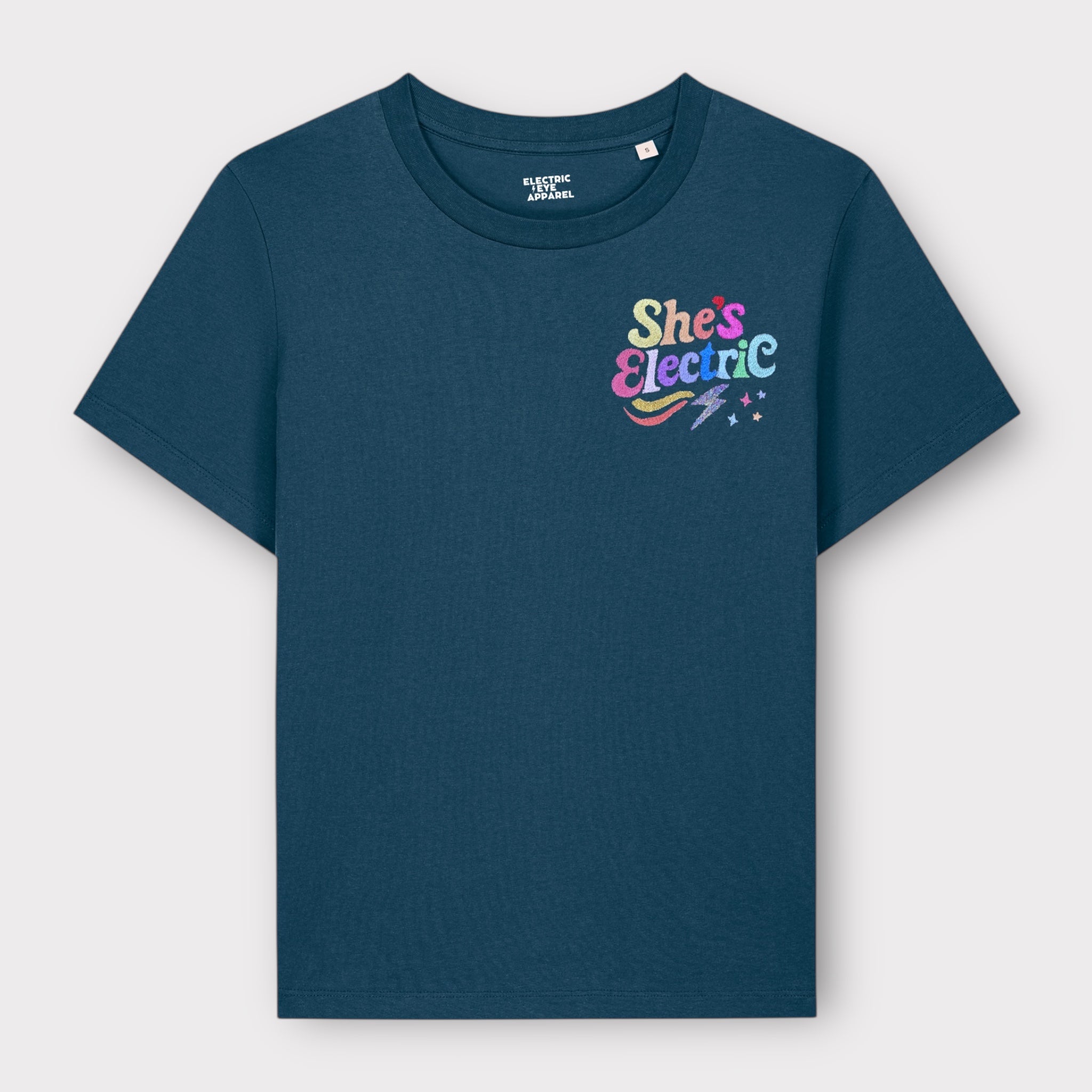 Retro Rainbow 'SHE'S ELECTRIC' embroidered women's left chest premium organic medium fit 'Muser' t-shirt - inspired by Oasis
