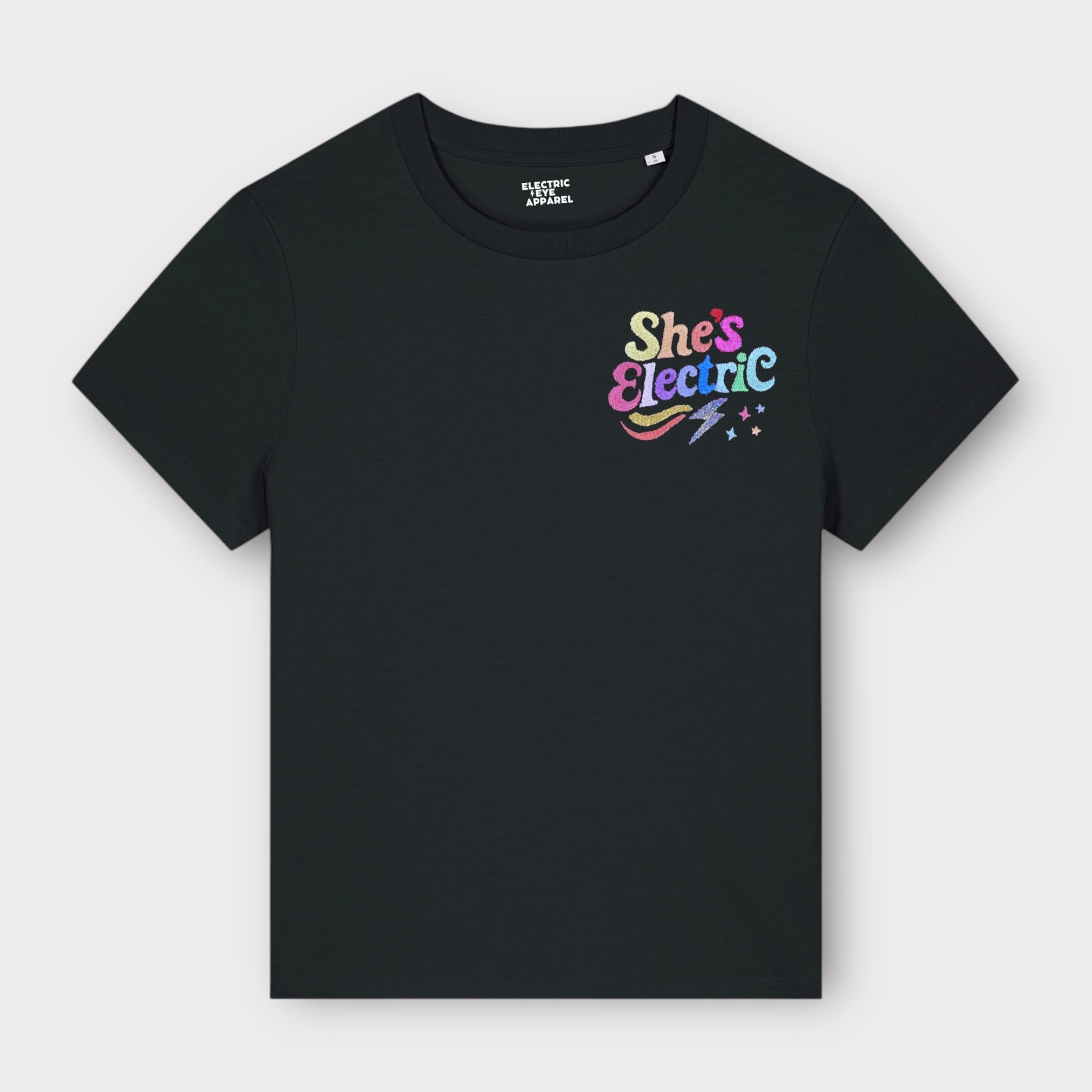 Retro Rainbow 'SHE'S ELECTRIC' embroidered women's left chest premium organic medium fit 'Muser' t-shirt - inspired by Oasis
