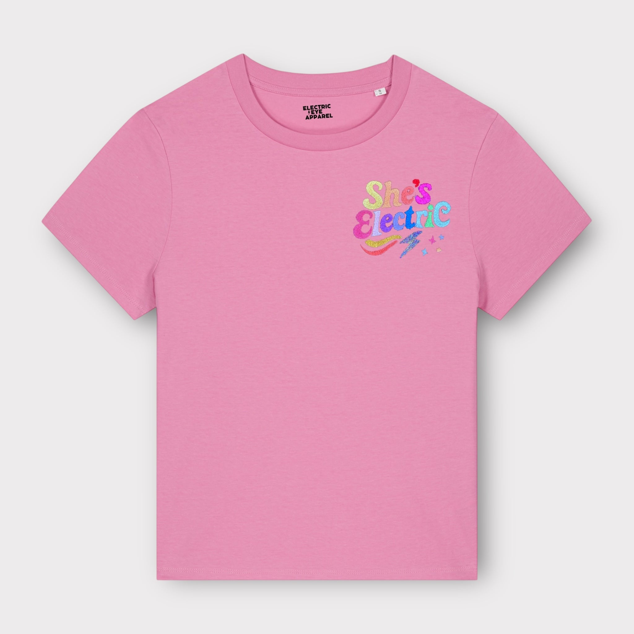 Retro Rainbow 'SHE'S ELECTRIC' embroidered women's left chest premium organic medium fit 'Muser' t-shirt - inspired by Oasis