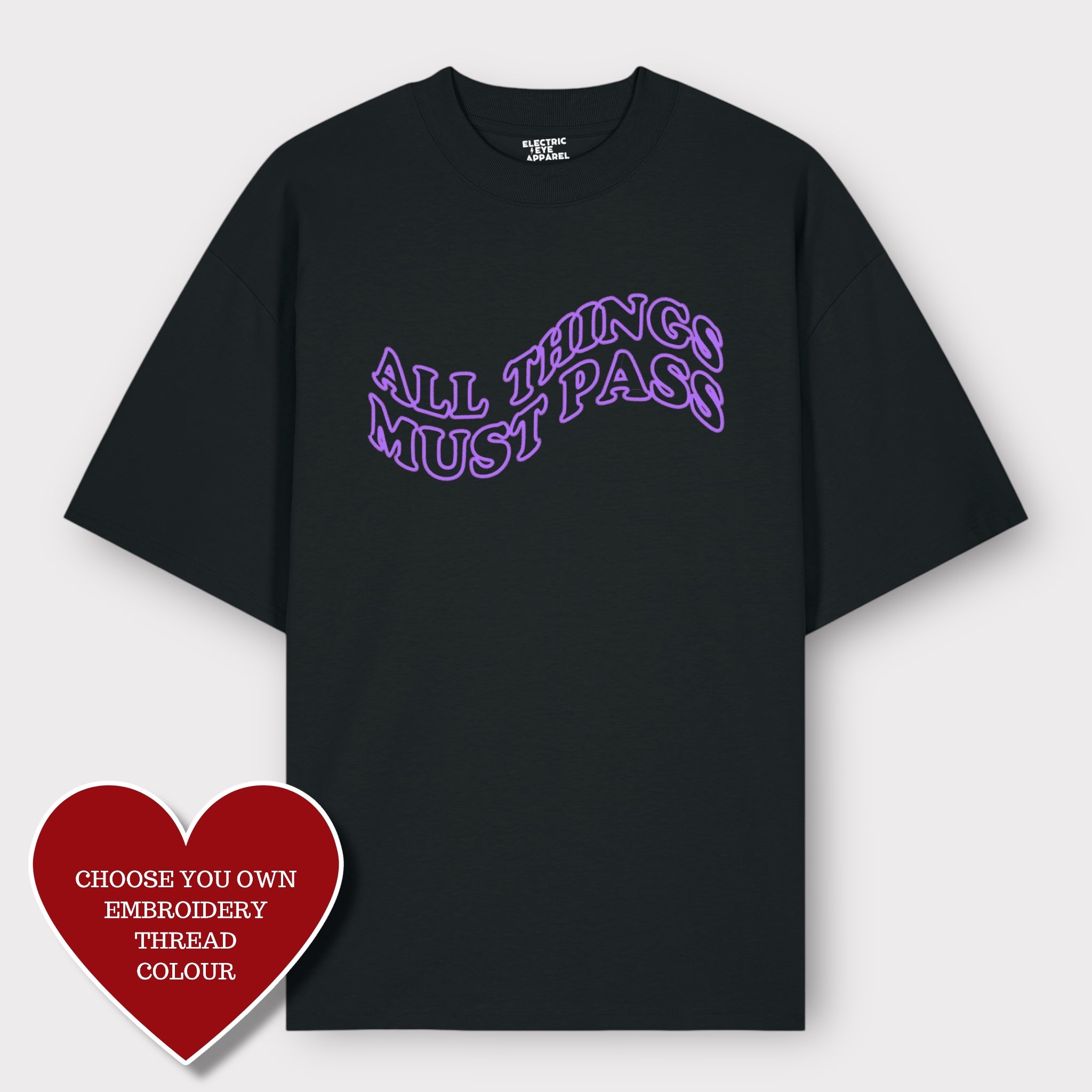 Men's 'ALL THINGS MUST PASS' embroidered heavy weight organic cotton drop shoulder 'blaster' t-shirt - inspired by George Harrison