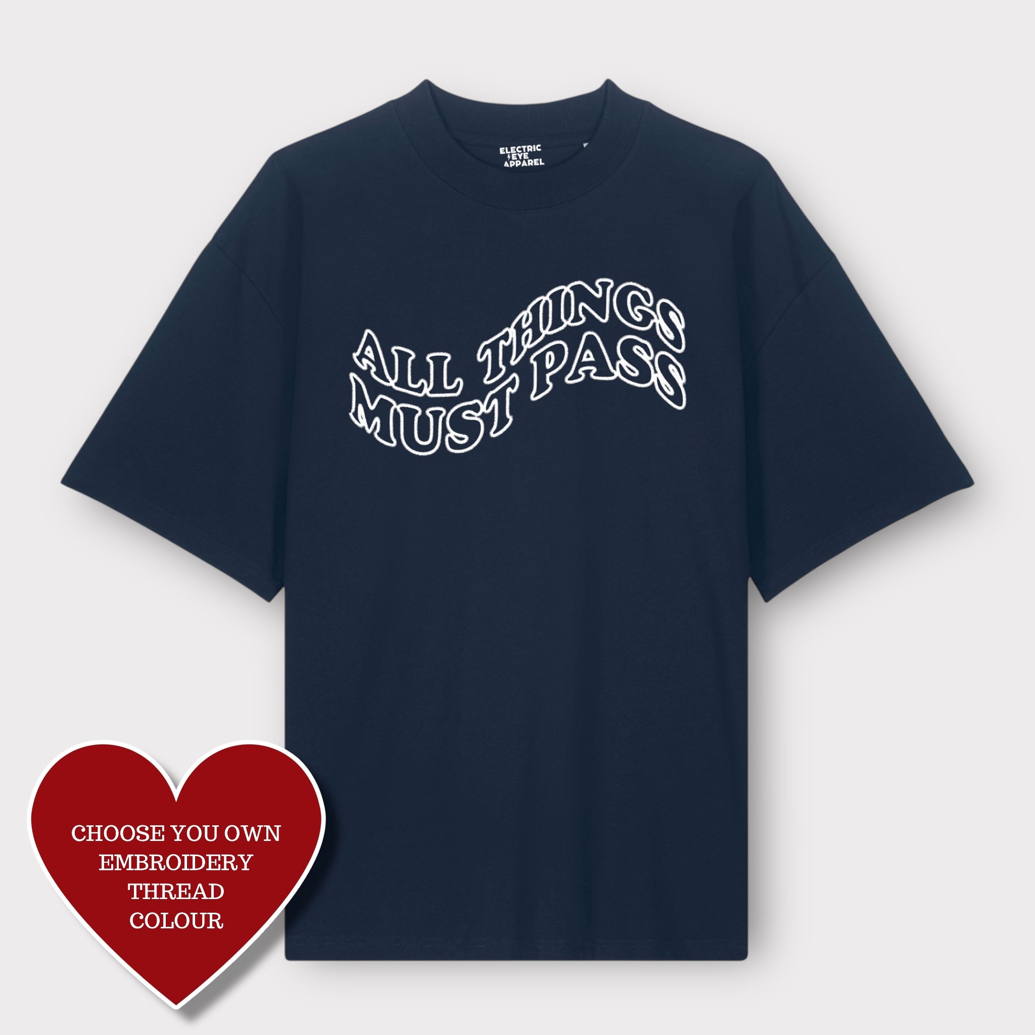 Men's 'ALL THINGS MUST PASS' embroidered heavy weight organic cotton drop shoulder 'blaster' t-shirt - inspired by George Harrison
