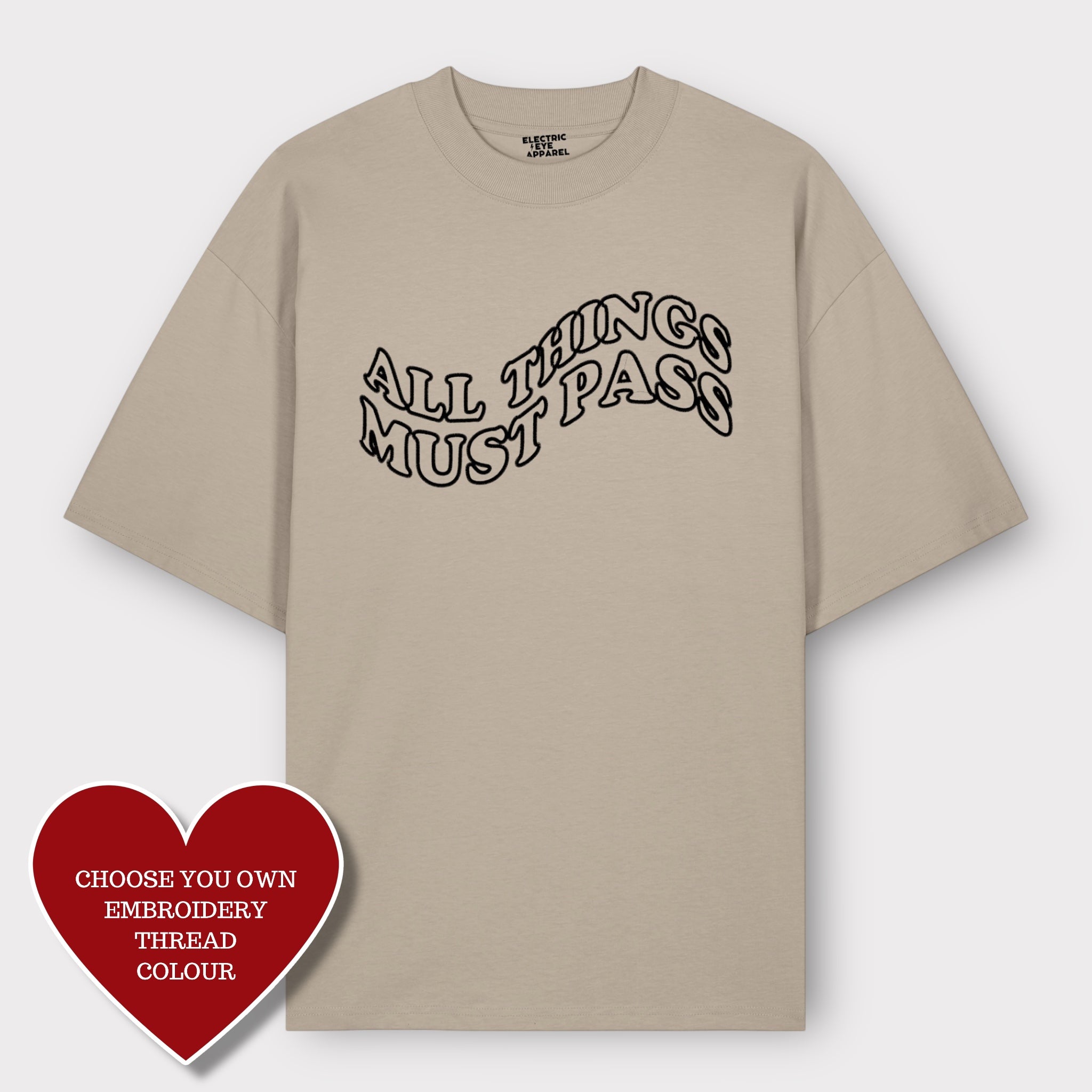 Men's 'ALL THINGS MUST PASS' embroidered heavy weight organic cotton drop shoulder 'blaster' t-shirt - inspired by George Harrison