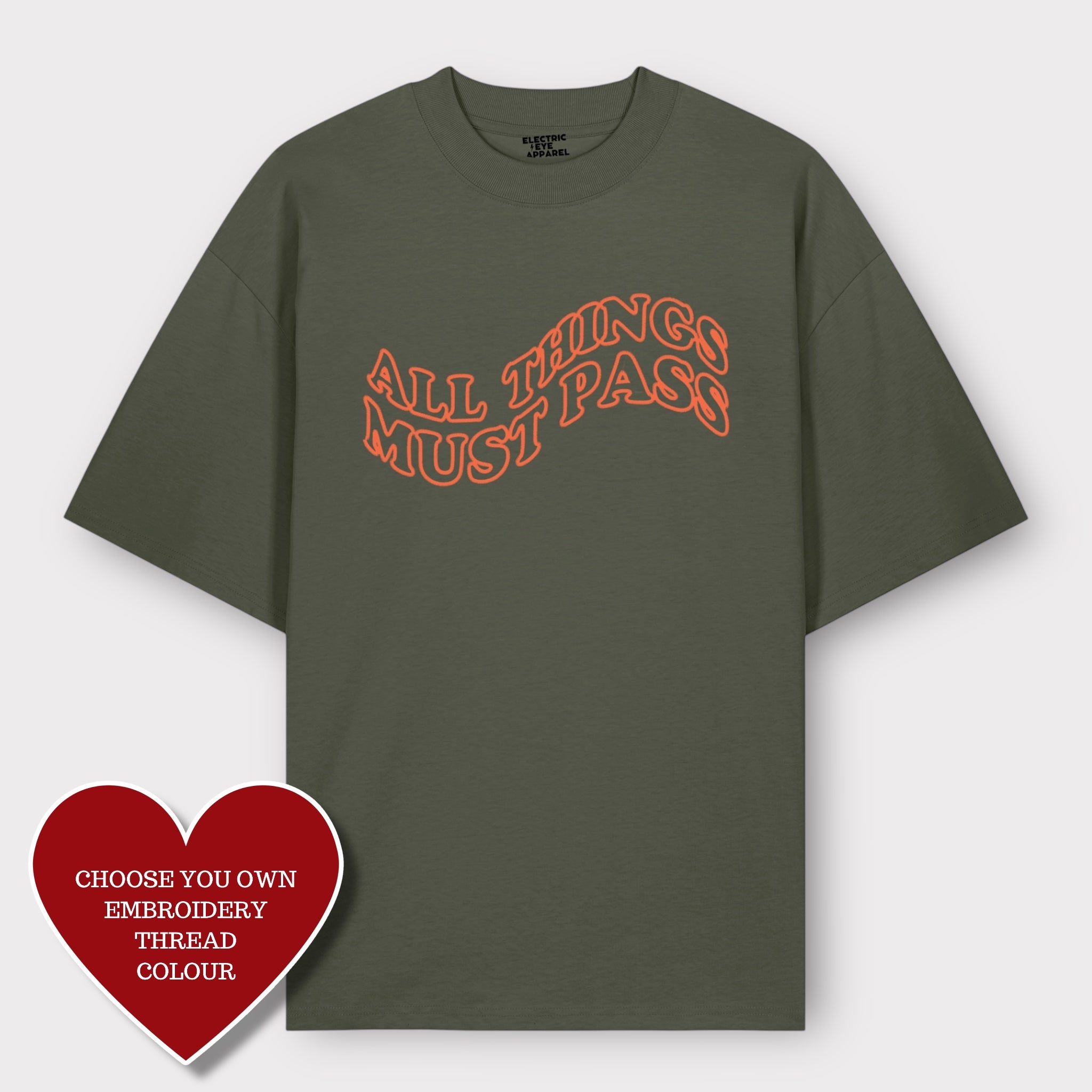 Men's 'ALL THINGS MUST PASS' embroidered heavy weight organic cotton drop shoulder 'blaster' t-shirt - inspired by George Harrison