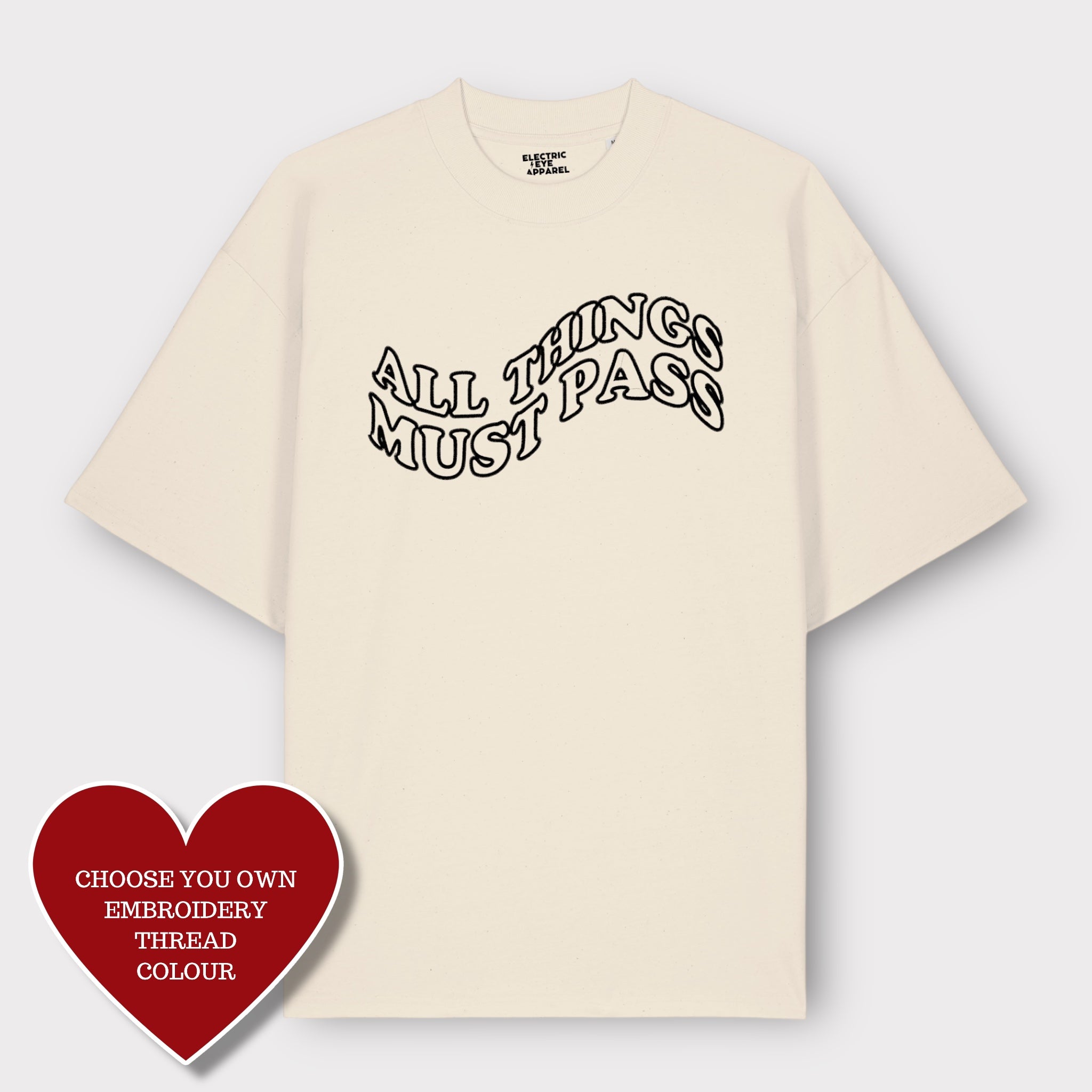 Men's 'ALL THINGS MUST PASS' embroidered heavy weight organic cotton drop shoulder 'blaster' t-shirt - inspired by George Harrison