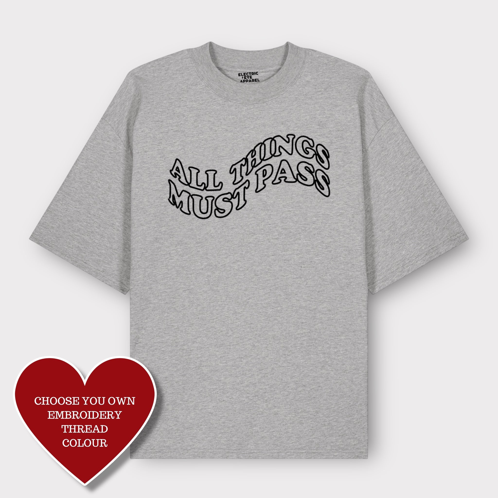 Men's 'ALL THINGS MUST PASS' embroidered heavy weight organic cotton drop shoulder 'blaster' t-shirt - inspired by George Harrison