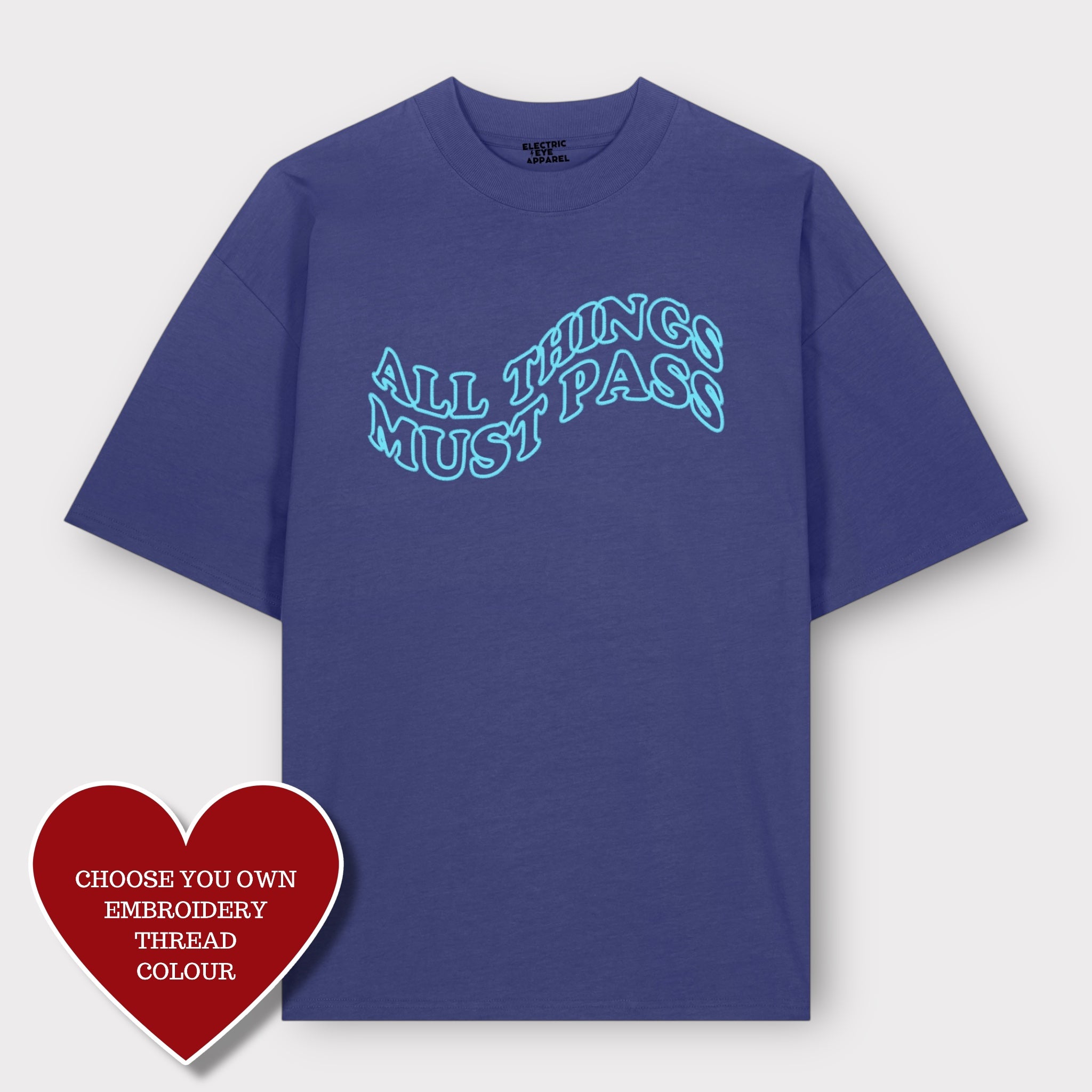 Men's 'ALL THINGS MUST PASS' embroidered heavy weight organic cotton drop shoulder 'blaster' t-shirt - inspired by George Harrison