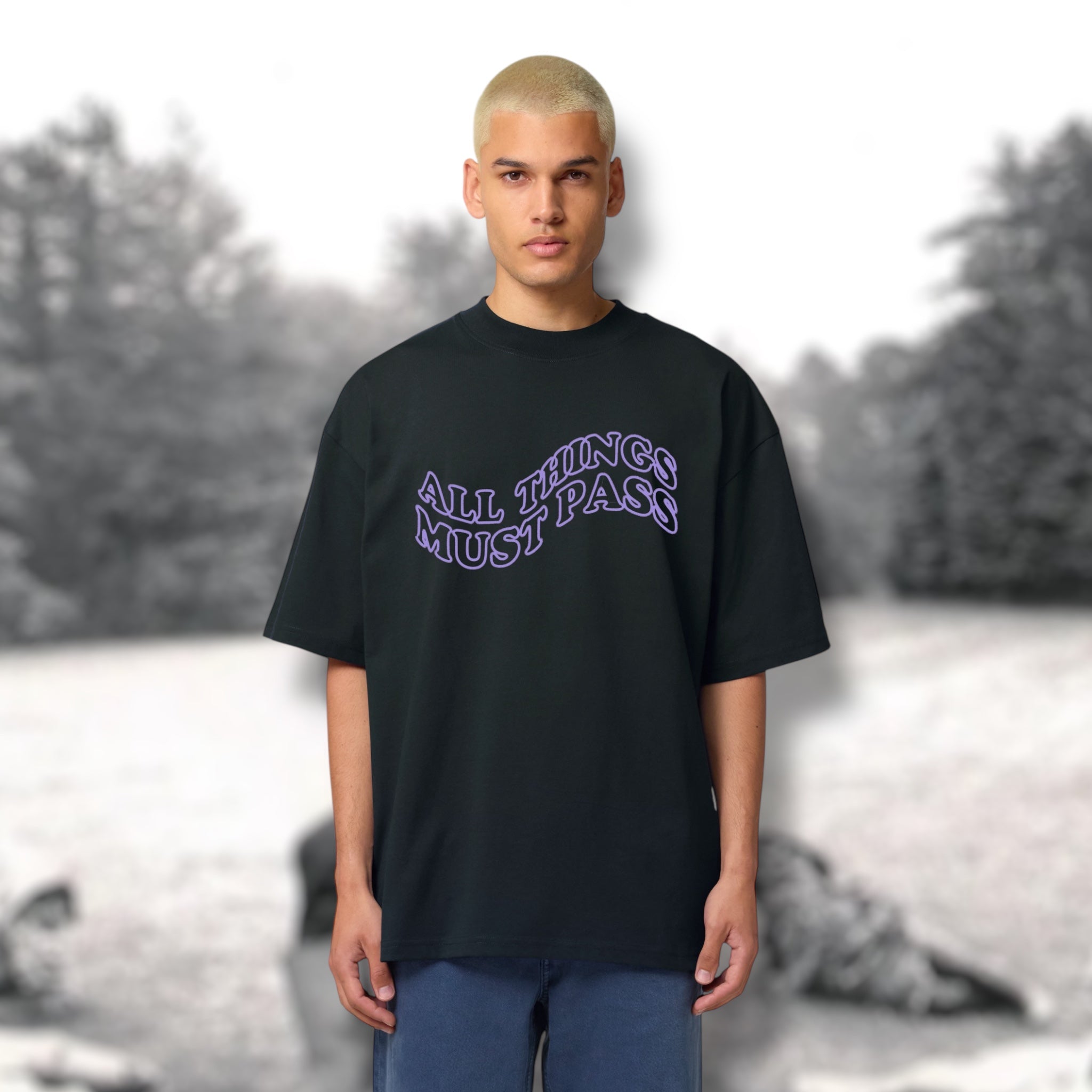 Men's 'ALL THINGS MUST PASS' embroidered heavy weight organic cotton drop shoulder 'blaster' t-shirt - inspired by George Harrison