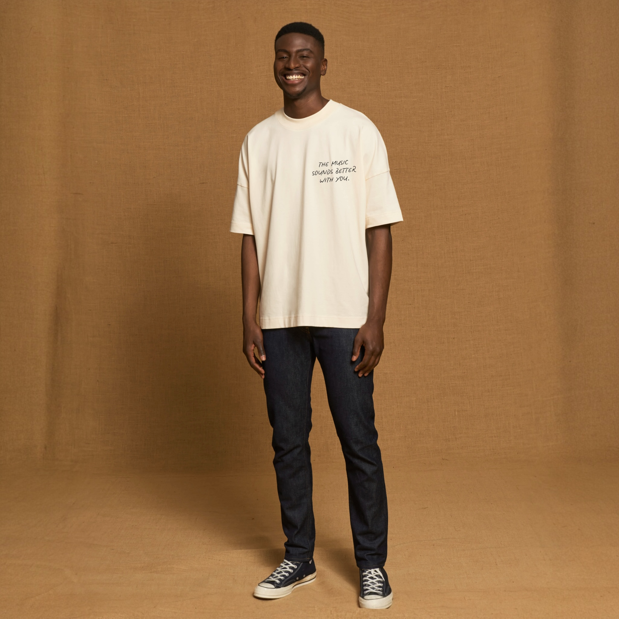 'THE MUSIC SOUNDS BETTER WITH YOU' left chest embroidered heavy weight organic cotton unisex drop shoulder 'blaster' t-shirt