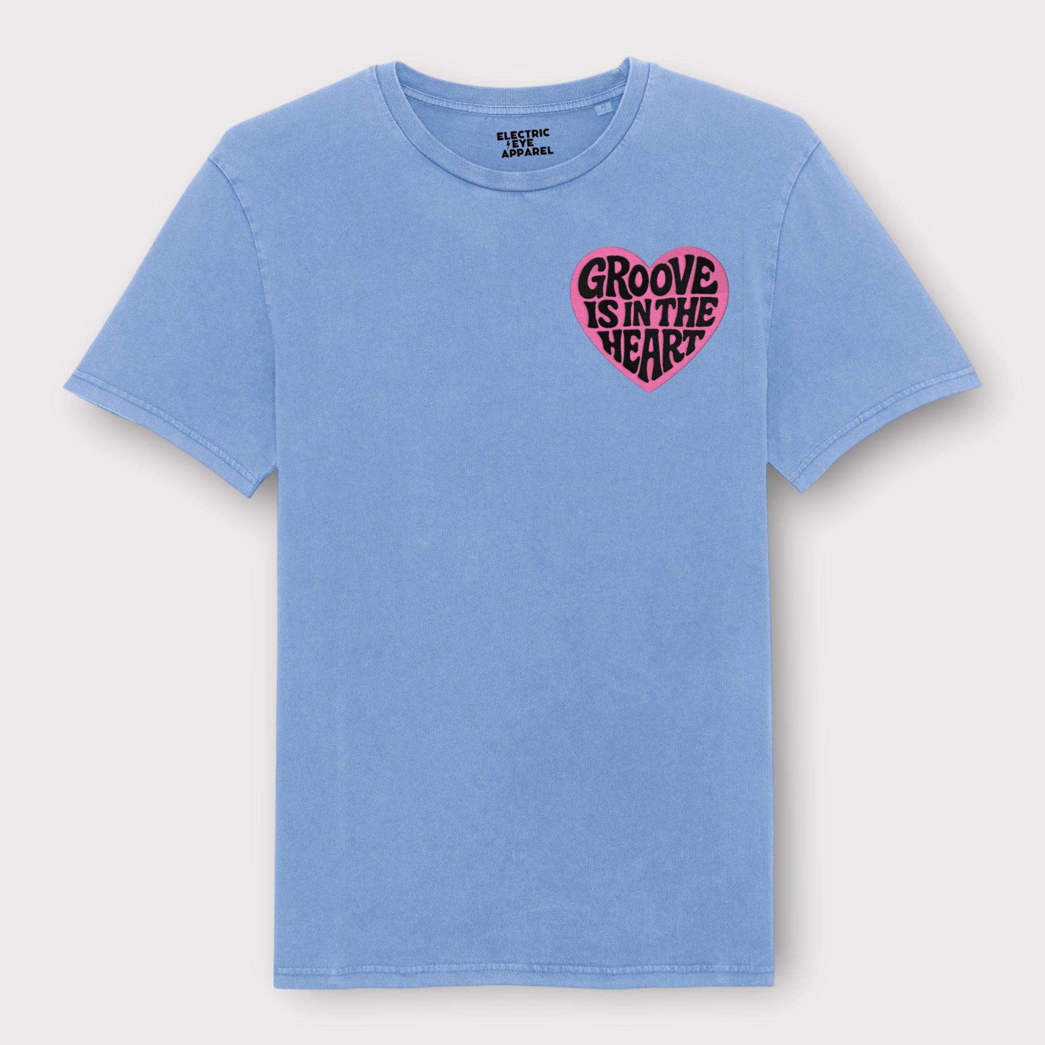 'GROOVE IS IN THE HEART' left chest embroidered premium organic unisex vintage aged t-shirt