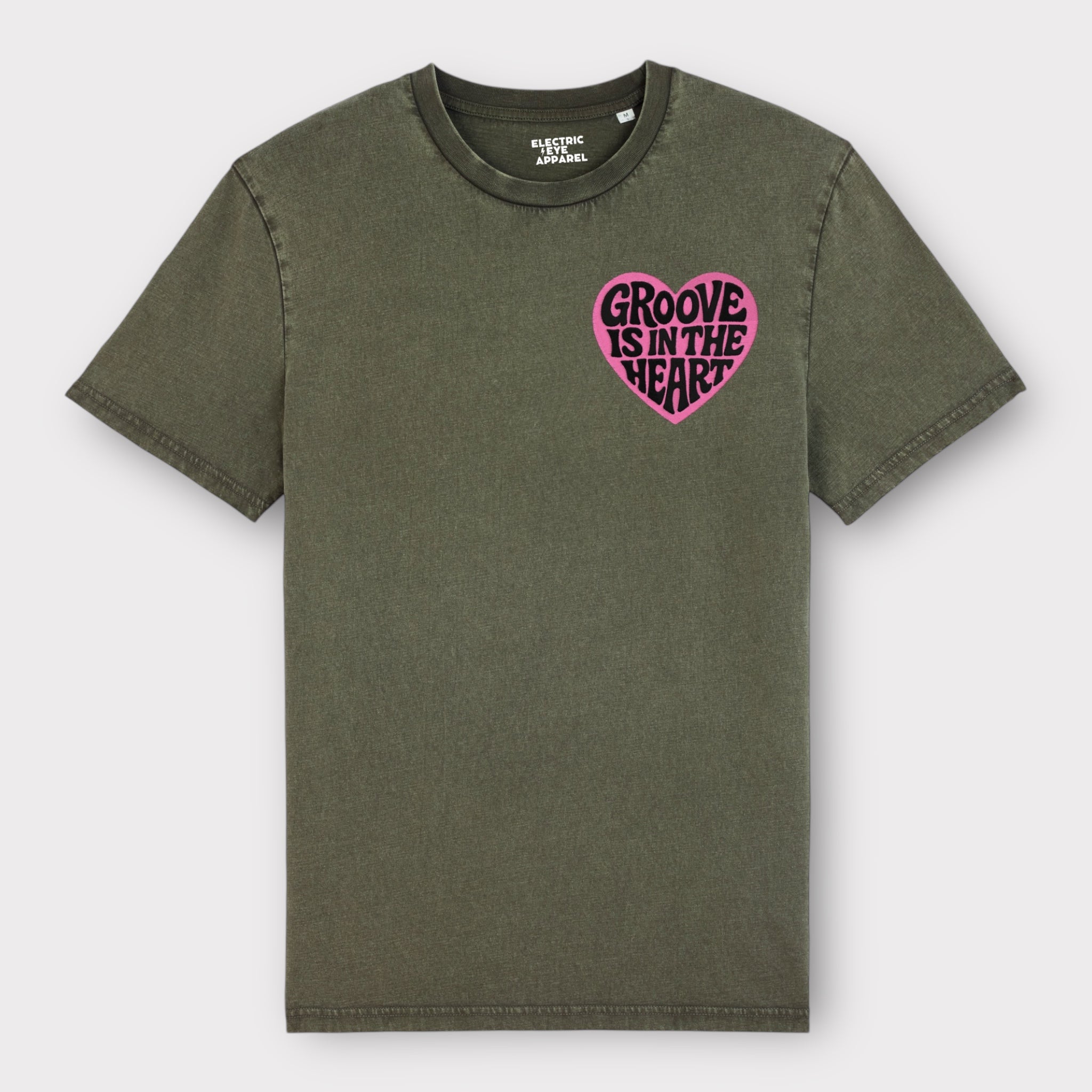 'GROOVE IS IN THE HEART' left chest embroidered premium organic unisex vintage aged t-shirt