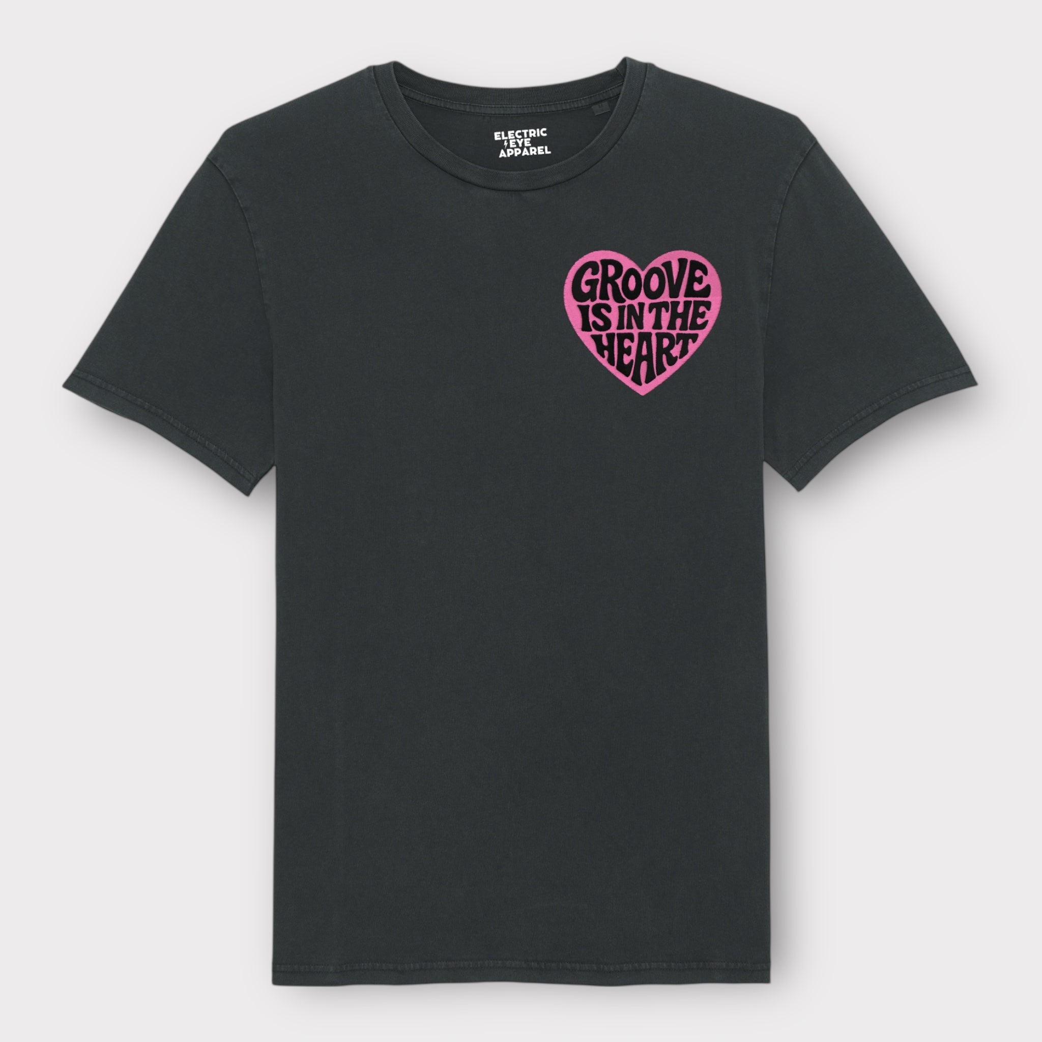 'GROOVE IS IN THE HEART' left chest embroidered premium organic unisex vintage aged t-shirt