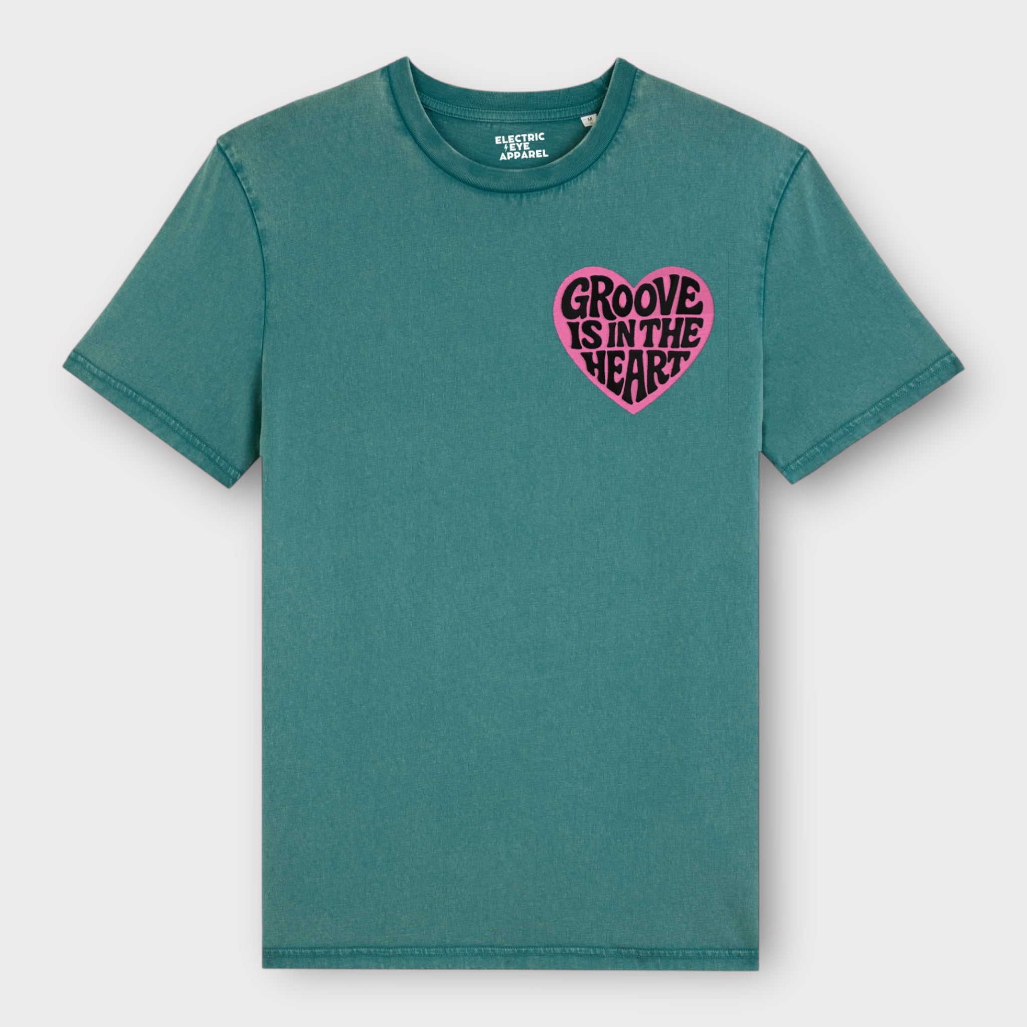'GROOVE IS IN THE HEART' left chest embroidered premium organic unisex vintage aged t-shirt