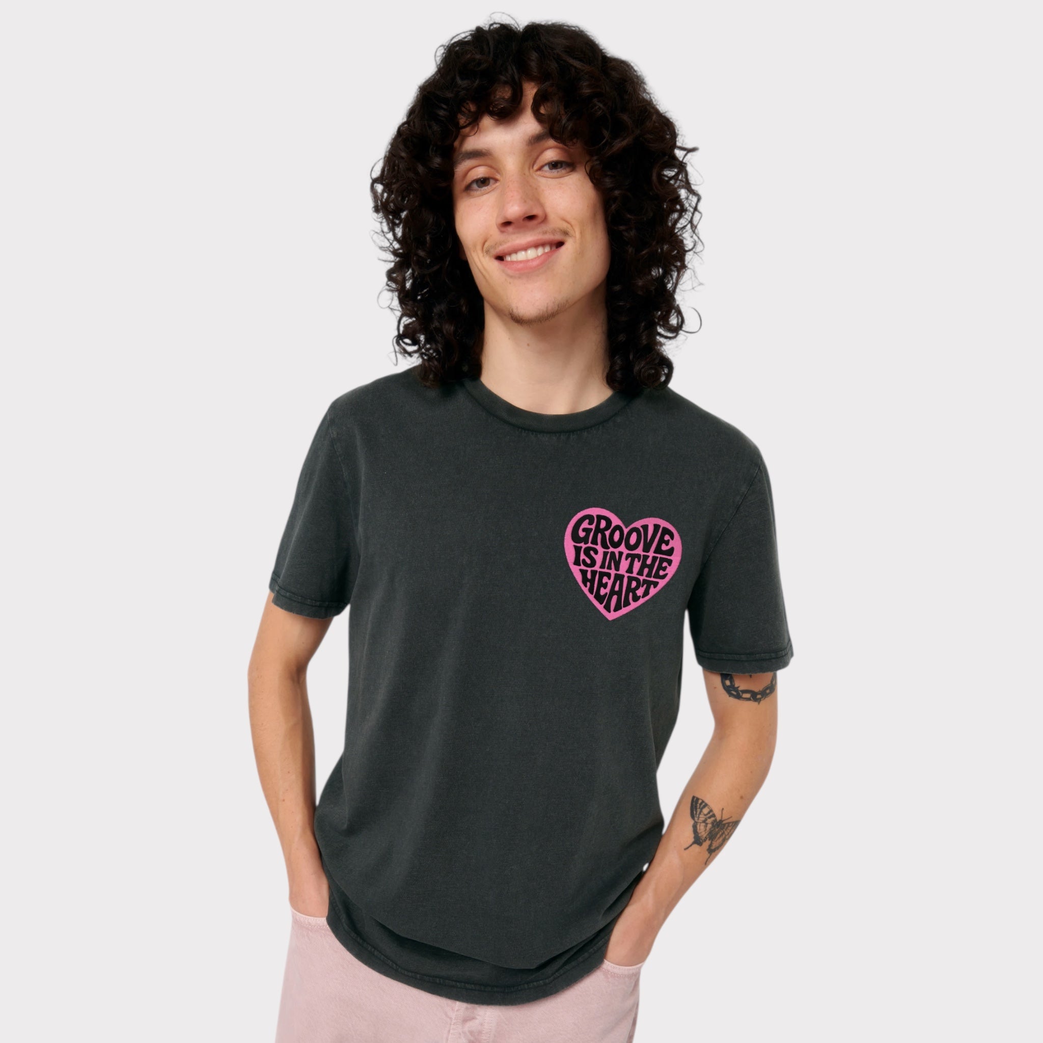 'GROOVE IS IN THE HEART' left chest embroidered premium organic unisex vintage aged t-shirt