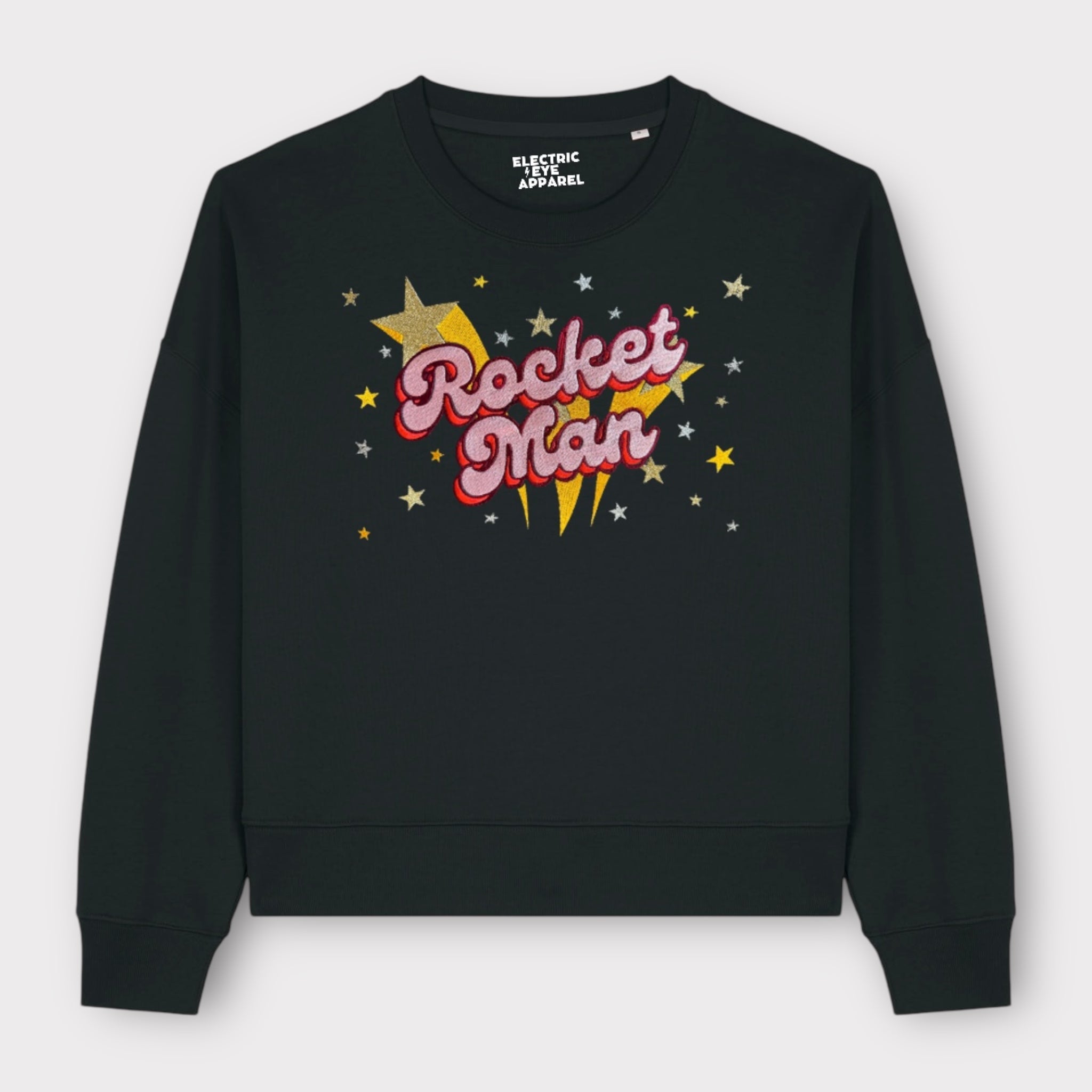 Gold Label 'ROCKET MAN' 1970s glam glitter star embroidered organic women's dropped shoulder 'alma' sweatshirt