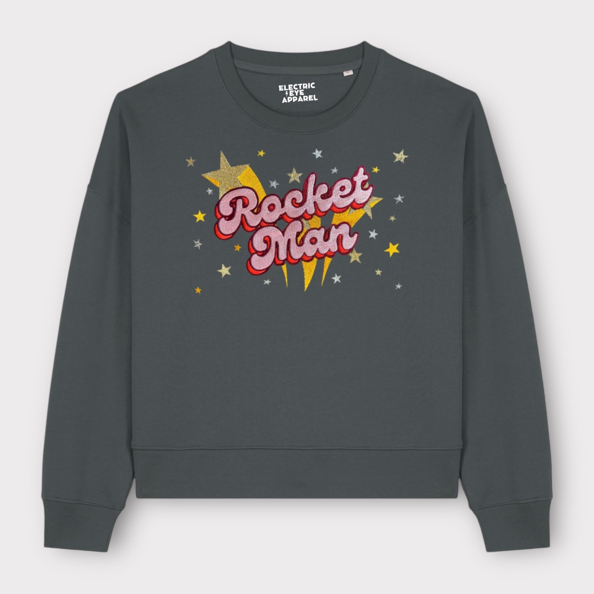 Gold Label 'ROCKET MAN' 1970s glam glitter star embroidered organic women's dropped shoulder 'alma' sweatshirt
