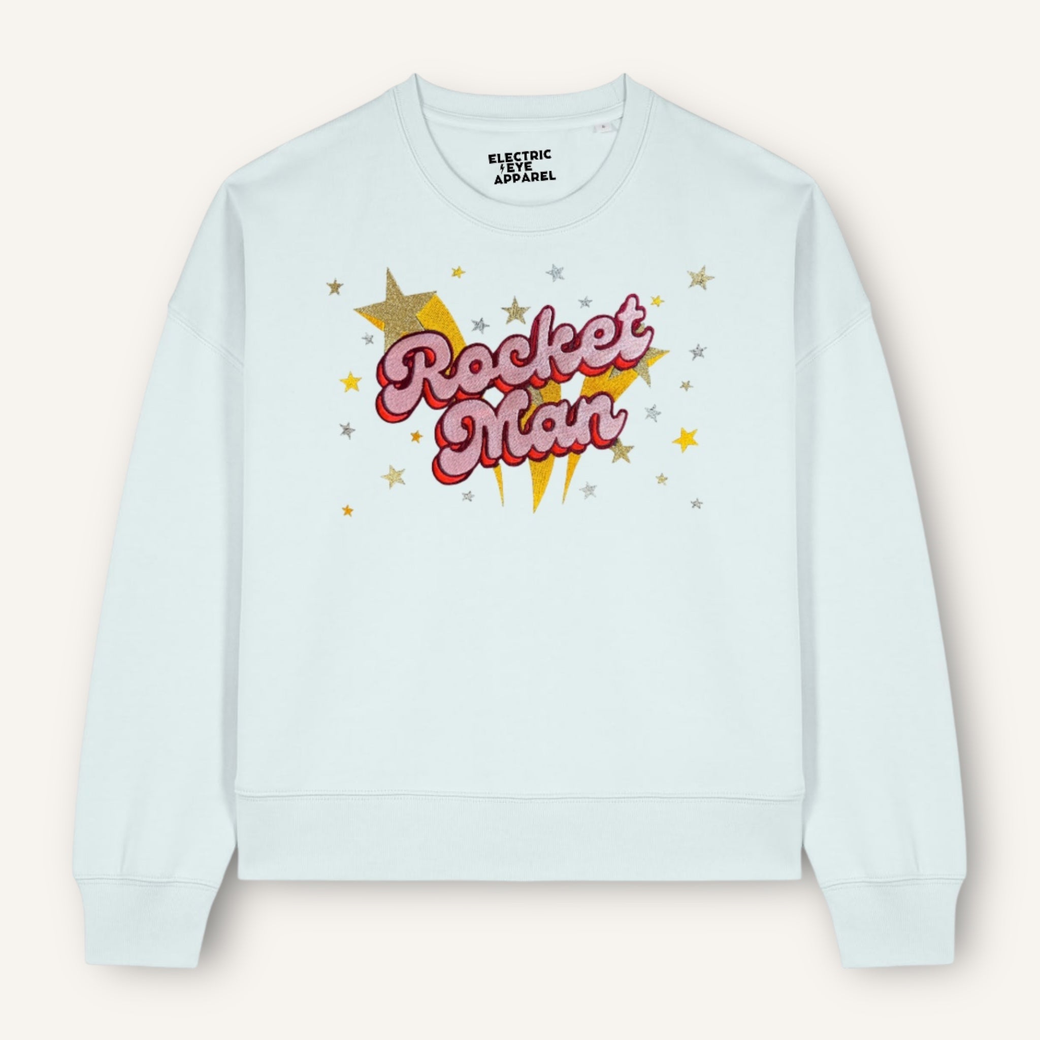 Gold Label 'ROCKET MAN' 1970s glam glitter star embroidered organic women's dropped shoulder 'alma' sweatshirt