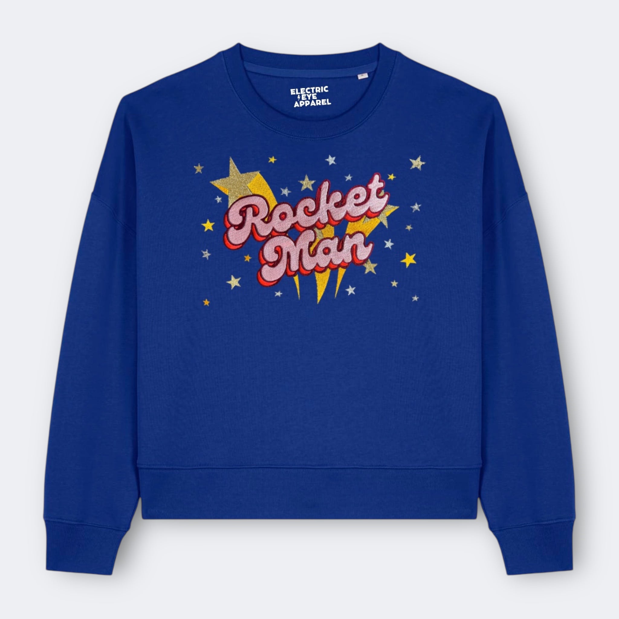 Gold Label 'ROCKET MAN' 1970s glam glitter star embroidered organic women's dropped shoulder 'alma' sweatshirt