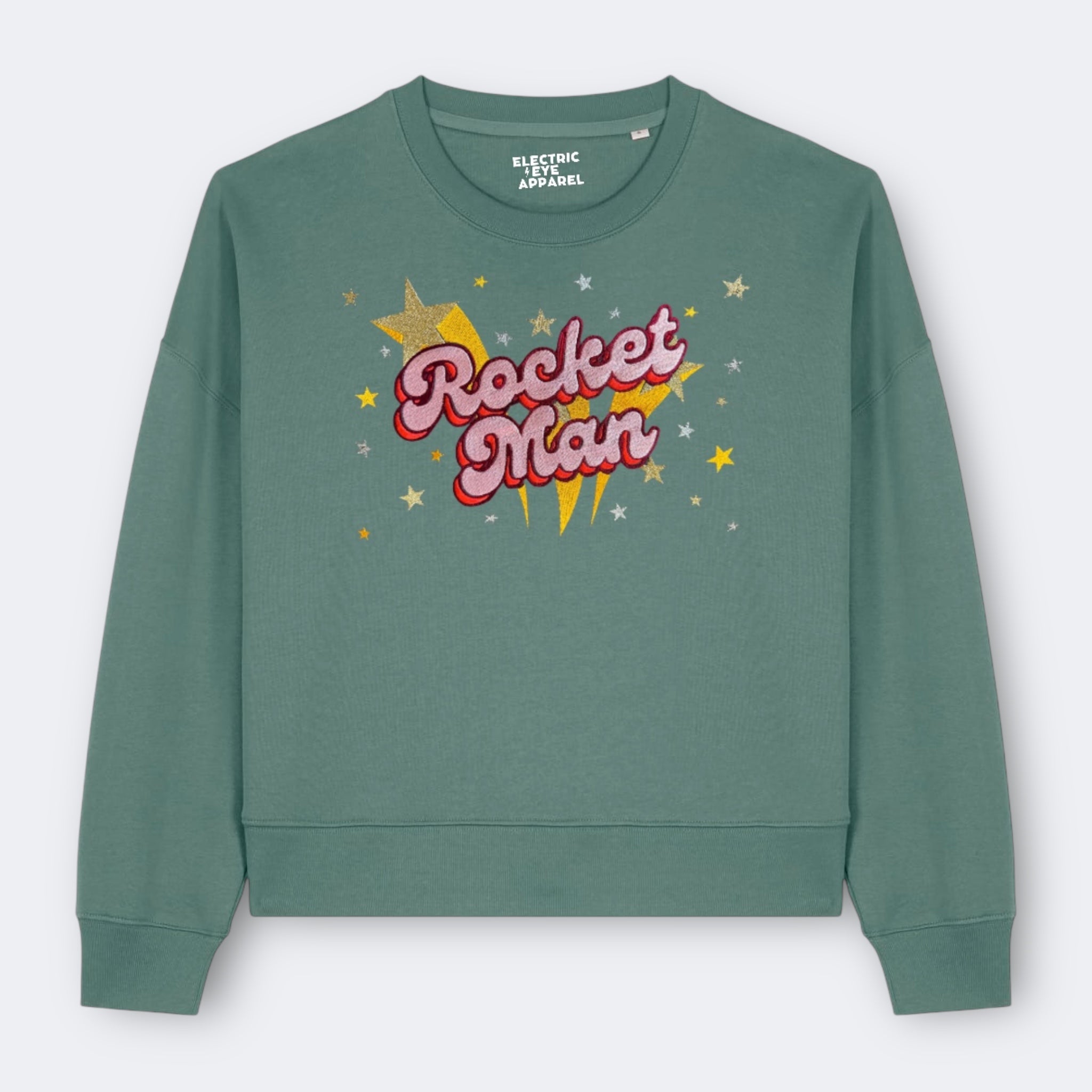 Gold Label 'ROCKET MAN' 1970s glam glitter star embroidered organic women's dropped shoulder 'alma' sweatshirt
