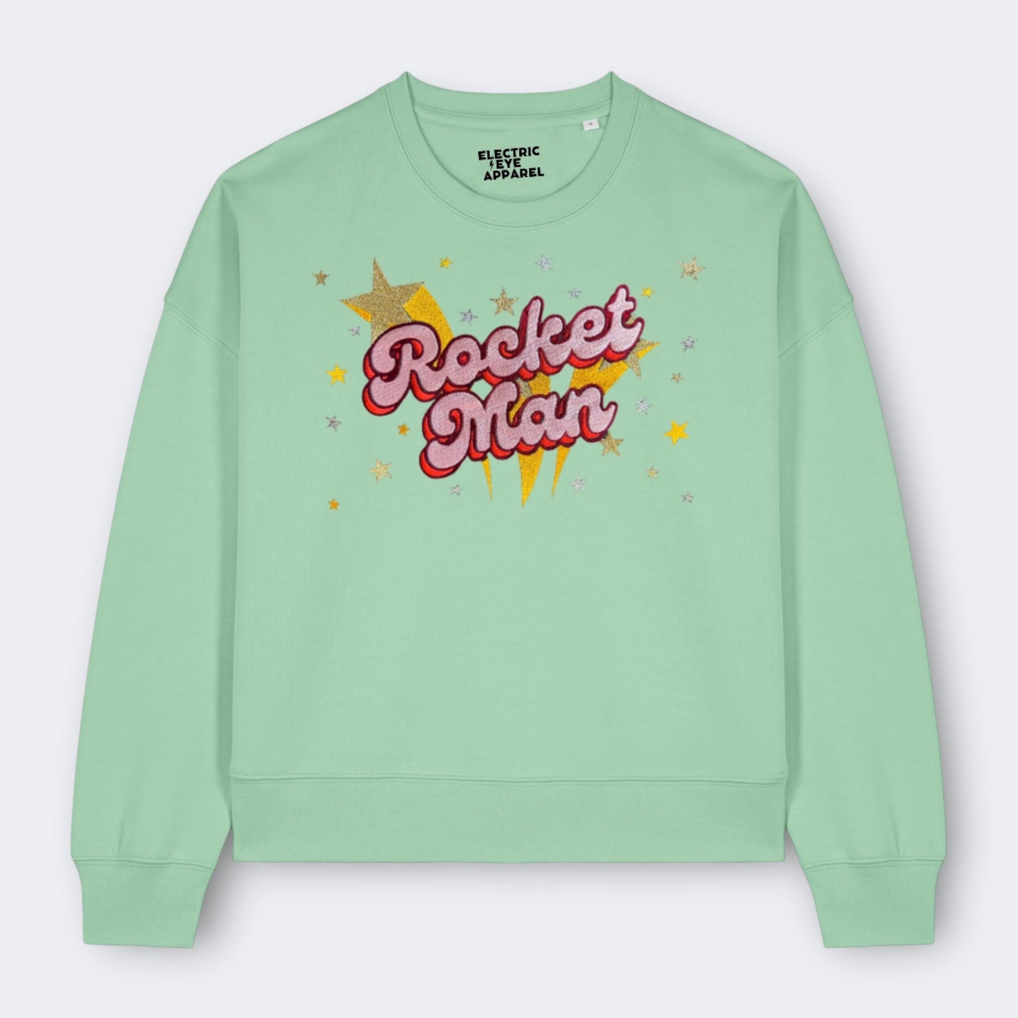 Gold Label 'ROCKET MAN' 1970s glam glitter star embroidered organic women's dropped shoulder 'alma' sweatshirt