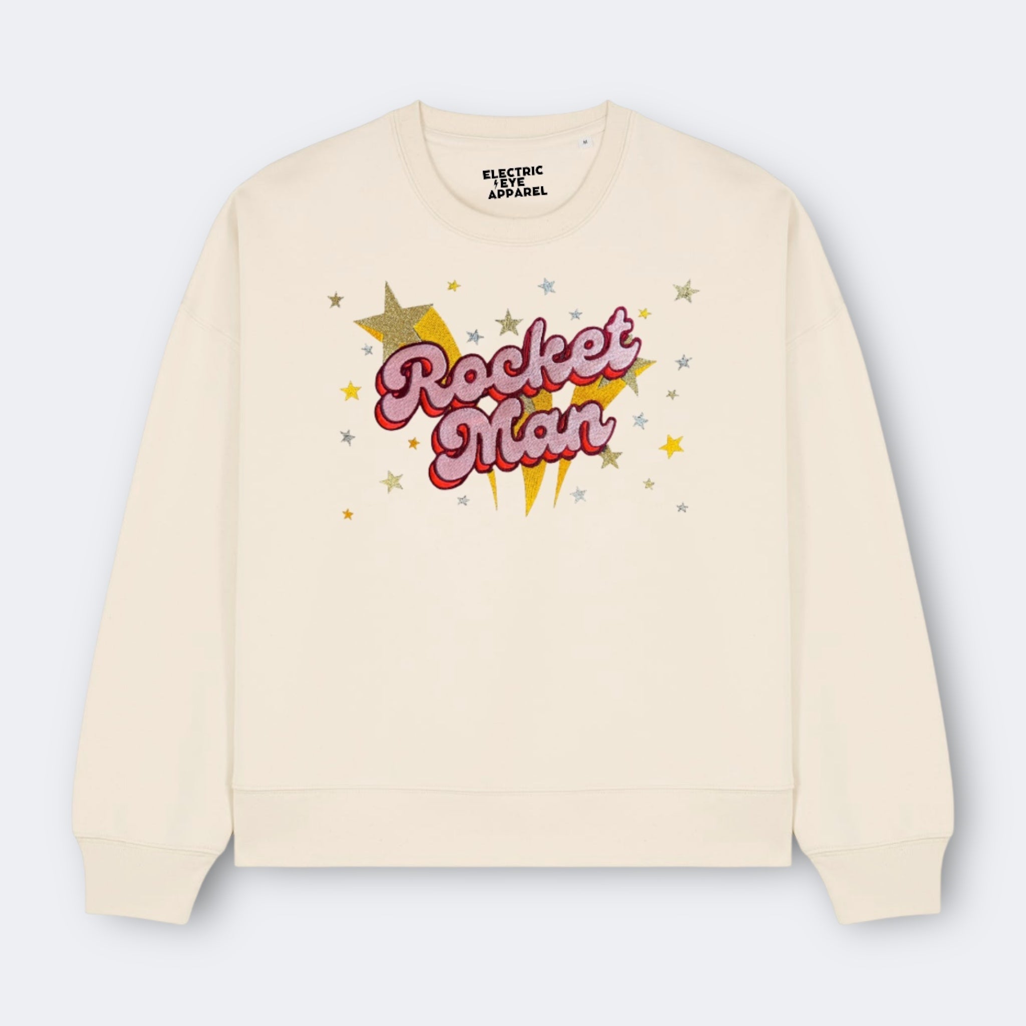 Gold Label 'ROCKET MAN' 1970s glam glitter star embroidered organic women's dropped shoulder 'alma' sweatshirt
