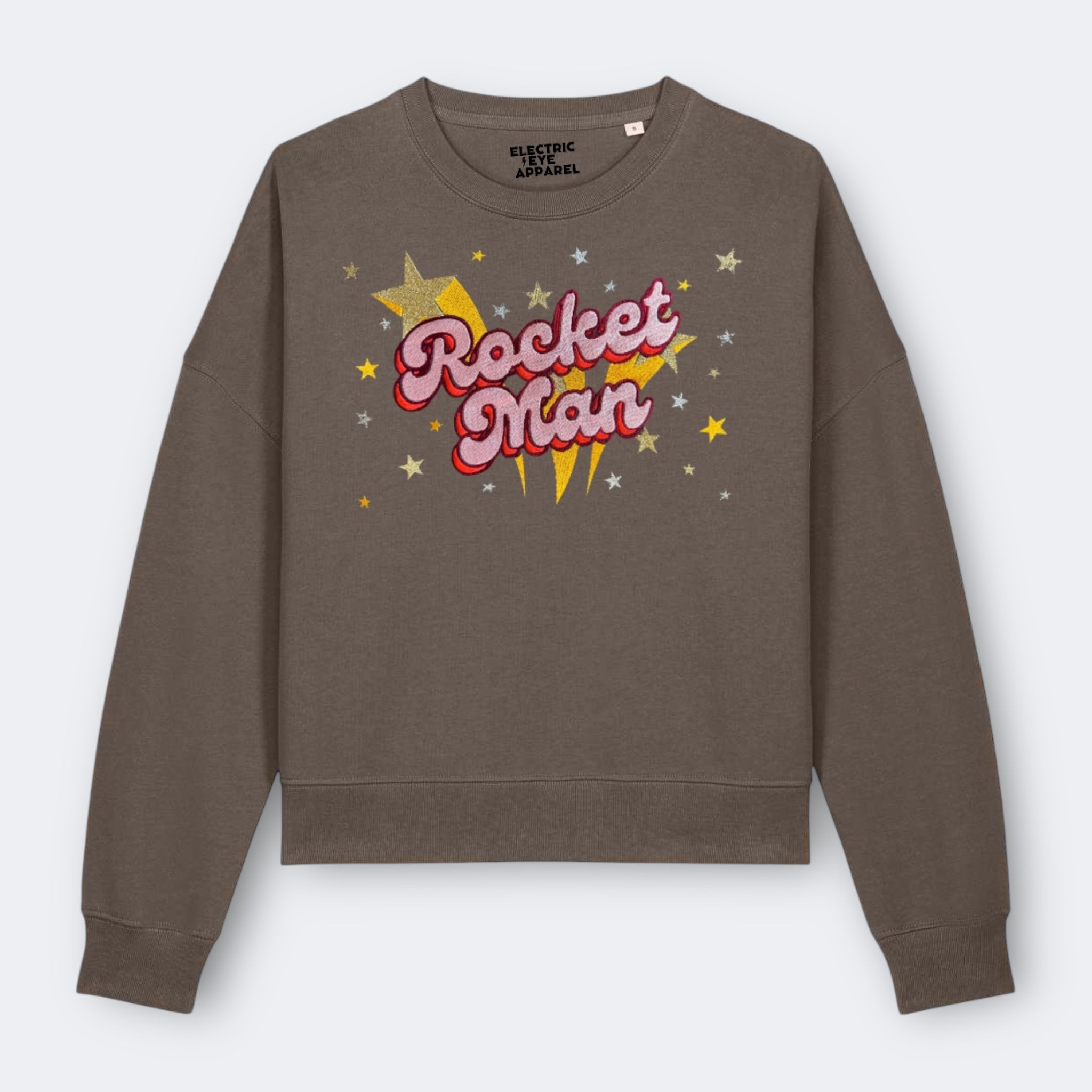 Gold Label 'ROCKET MAN' 1970s glam glitter star embroidered organic women's dropped shoulder 'alma' sweatshirt