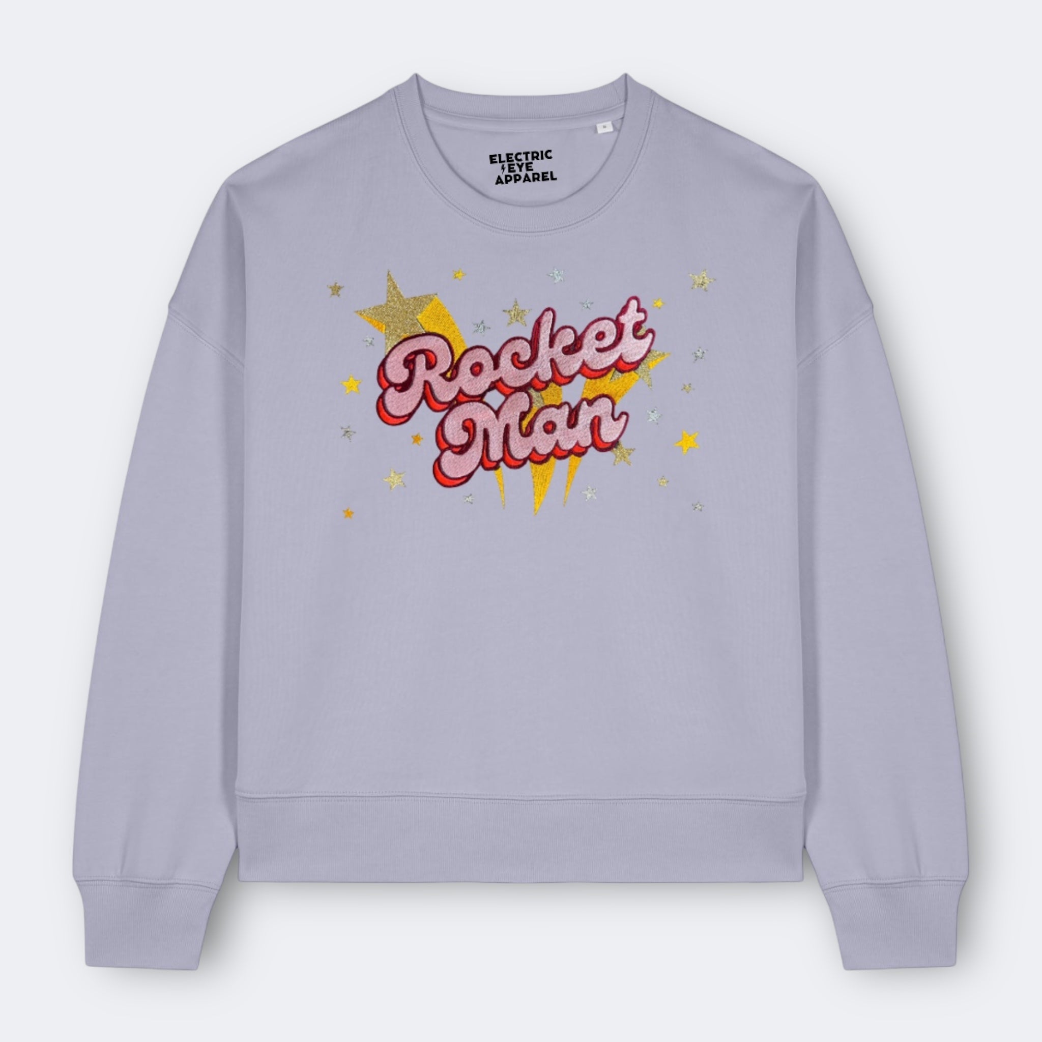 Gold Label 'ROCKET MAN' 1970s glam glitter star embroidered organic women's dropped shoulder 'alma' sweatshirt