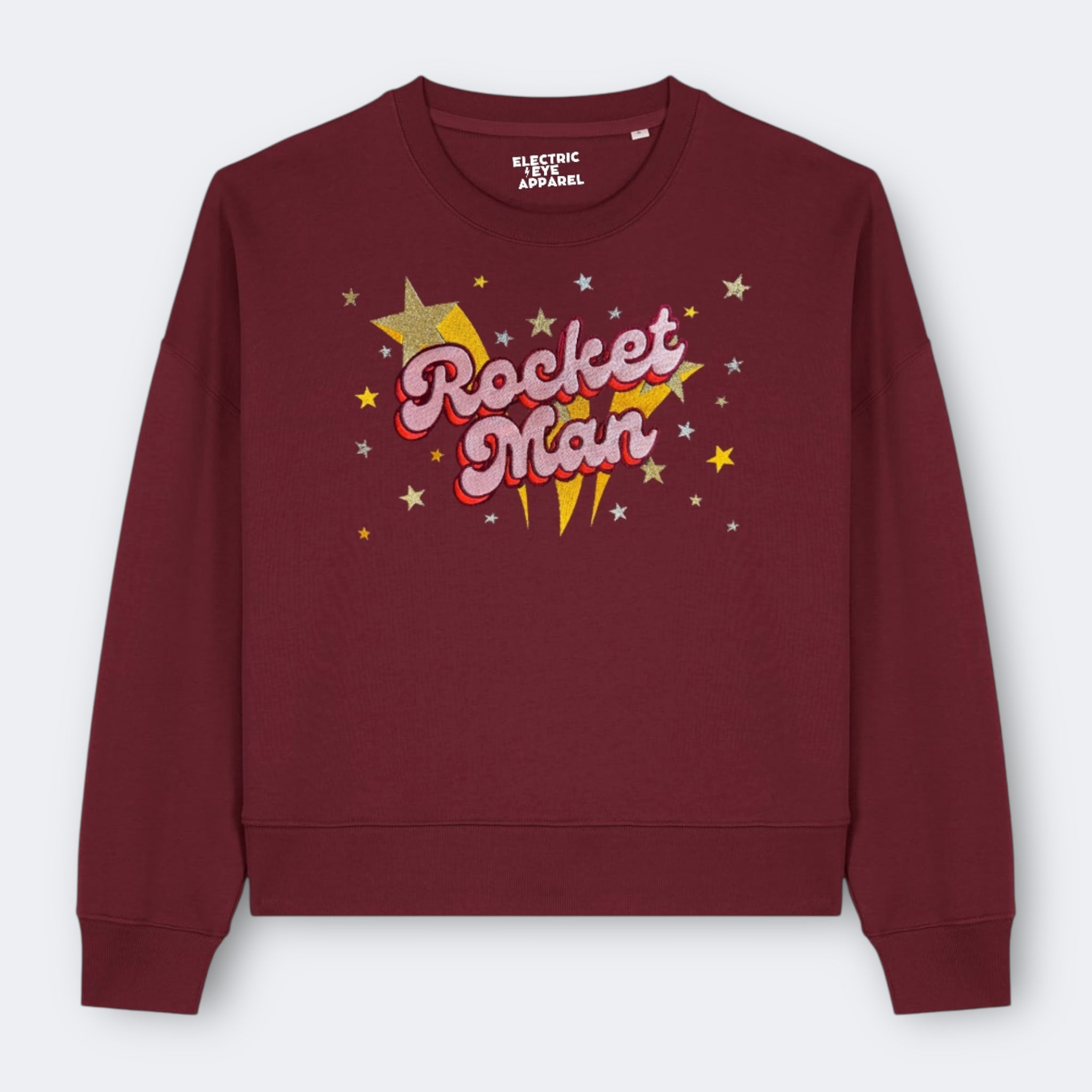 Gold Label 'ROCKET MAN' 1970s glam glitter star embroidered organic women's dropped shoulder 'alma' sweatshirt