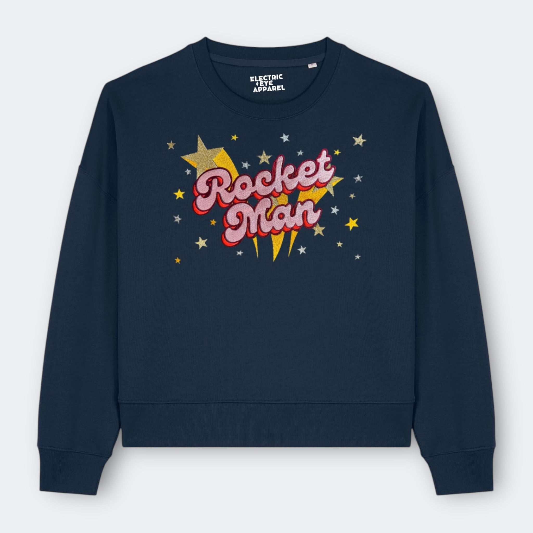 Gold Label 'ROCKET MAN' 1970s glam glitter star embroidered organic women's dropped shoulder 'alma' sweatshirt