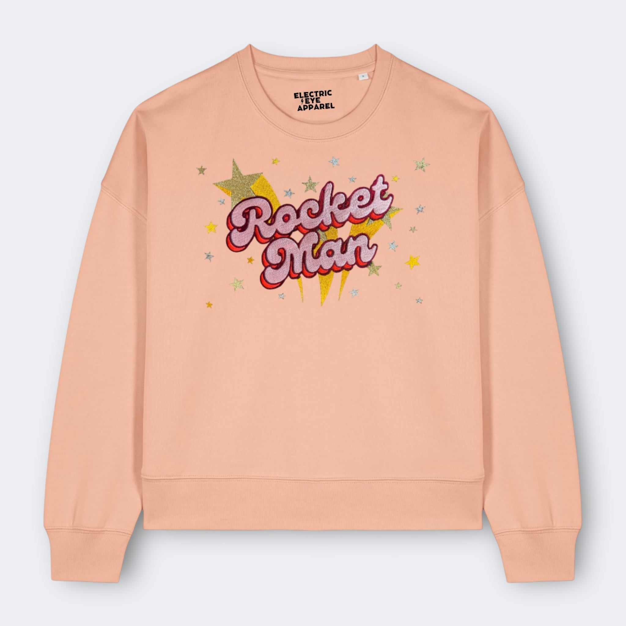 Gold Label 'ROCKET MAN' 1970s glam glitter star embroidered organic women's dropped shoulder 'alma' sweatshirt