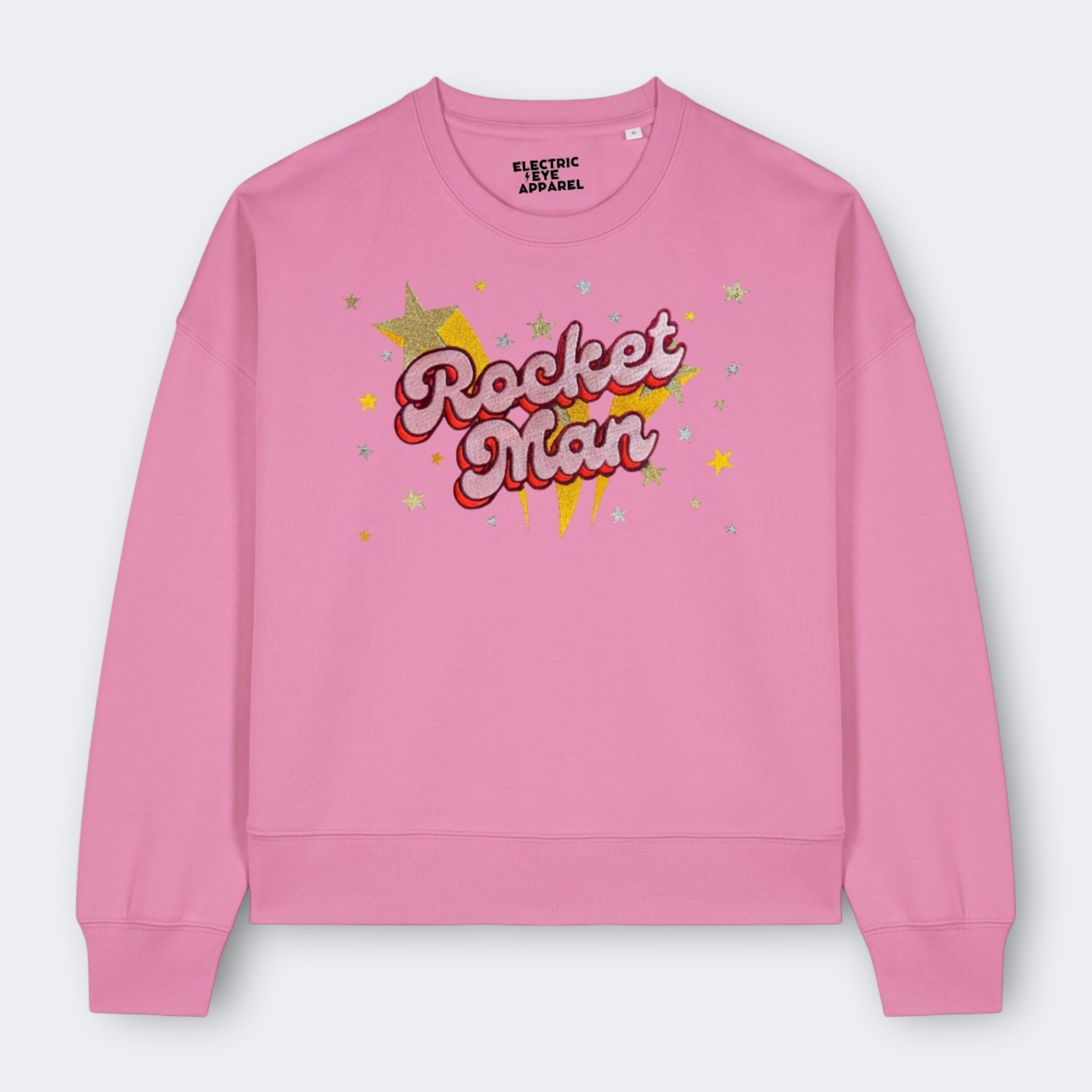 Gold Label 'ROCKET MAN' 1970s glam glitter star embroidered organic women's dropped shoulder 'alma' sweatshirt