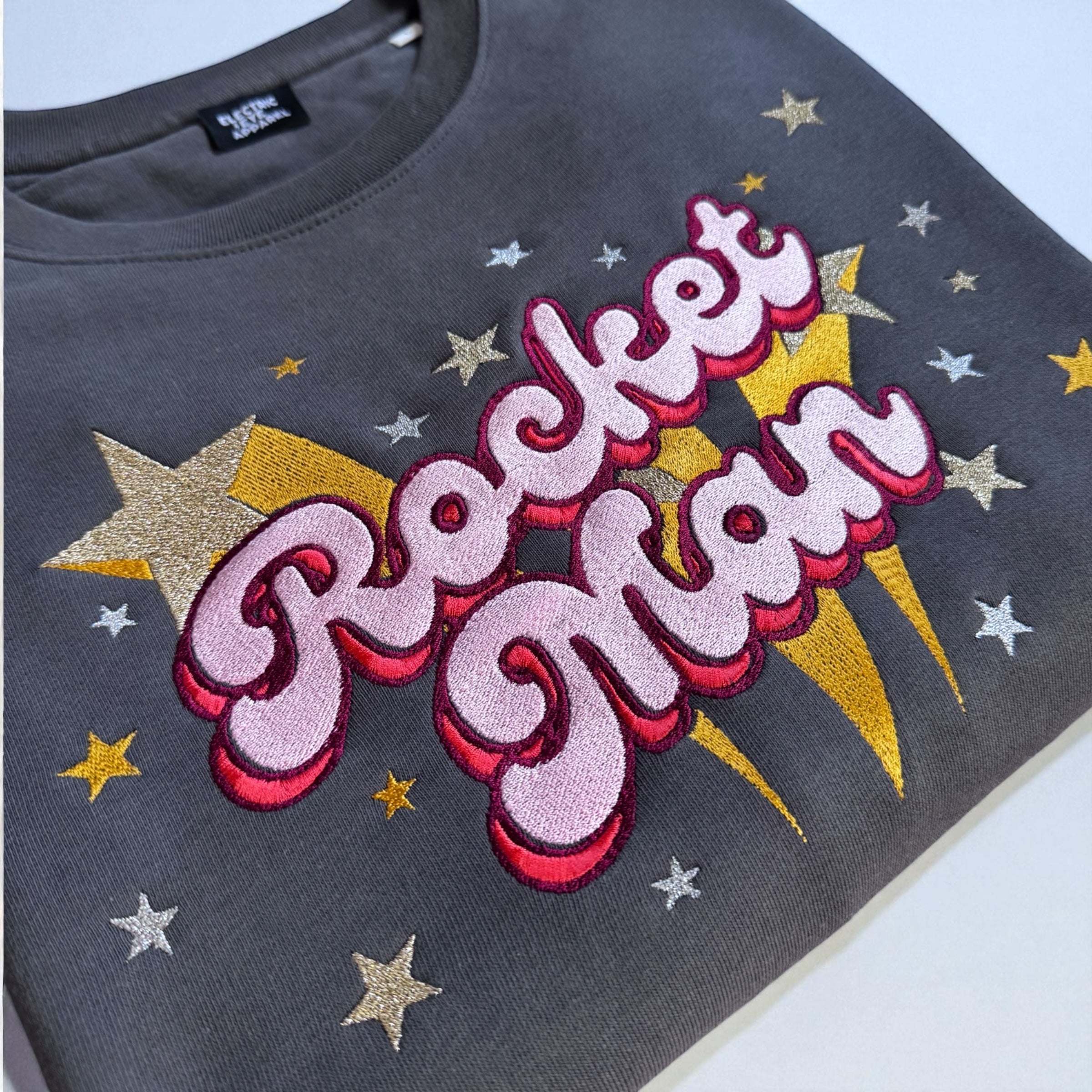 Gold Label 'ROCKET MAN' 1970s glam glitter star embroidered organic women's dropped shoulder 'alma' sweatshirt