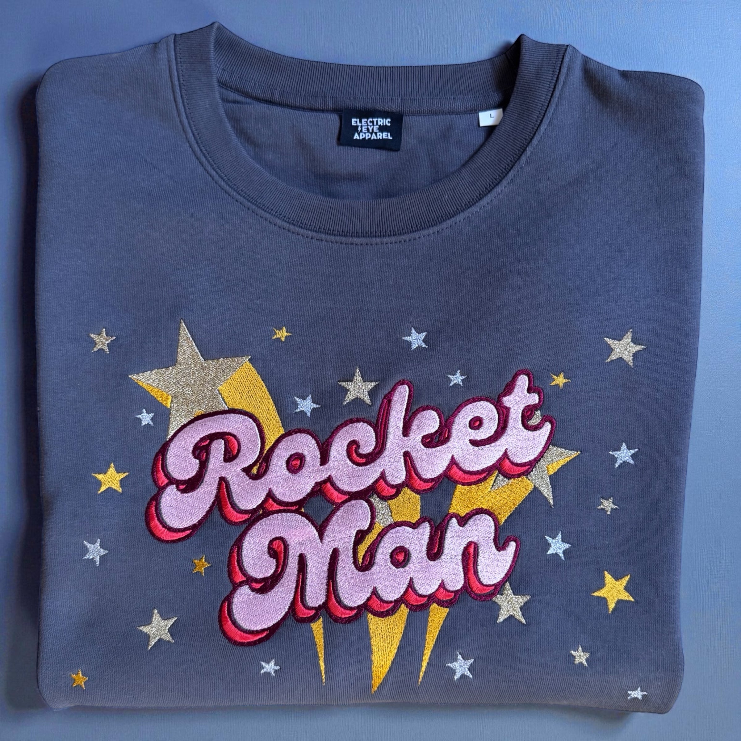 Gold Label 'ROCKET MAN' 1970s glam glitter star embroidered organic women's dropped shoulder 'alma' sweatshirt