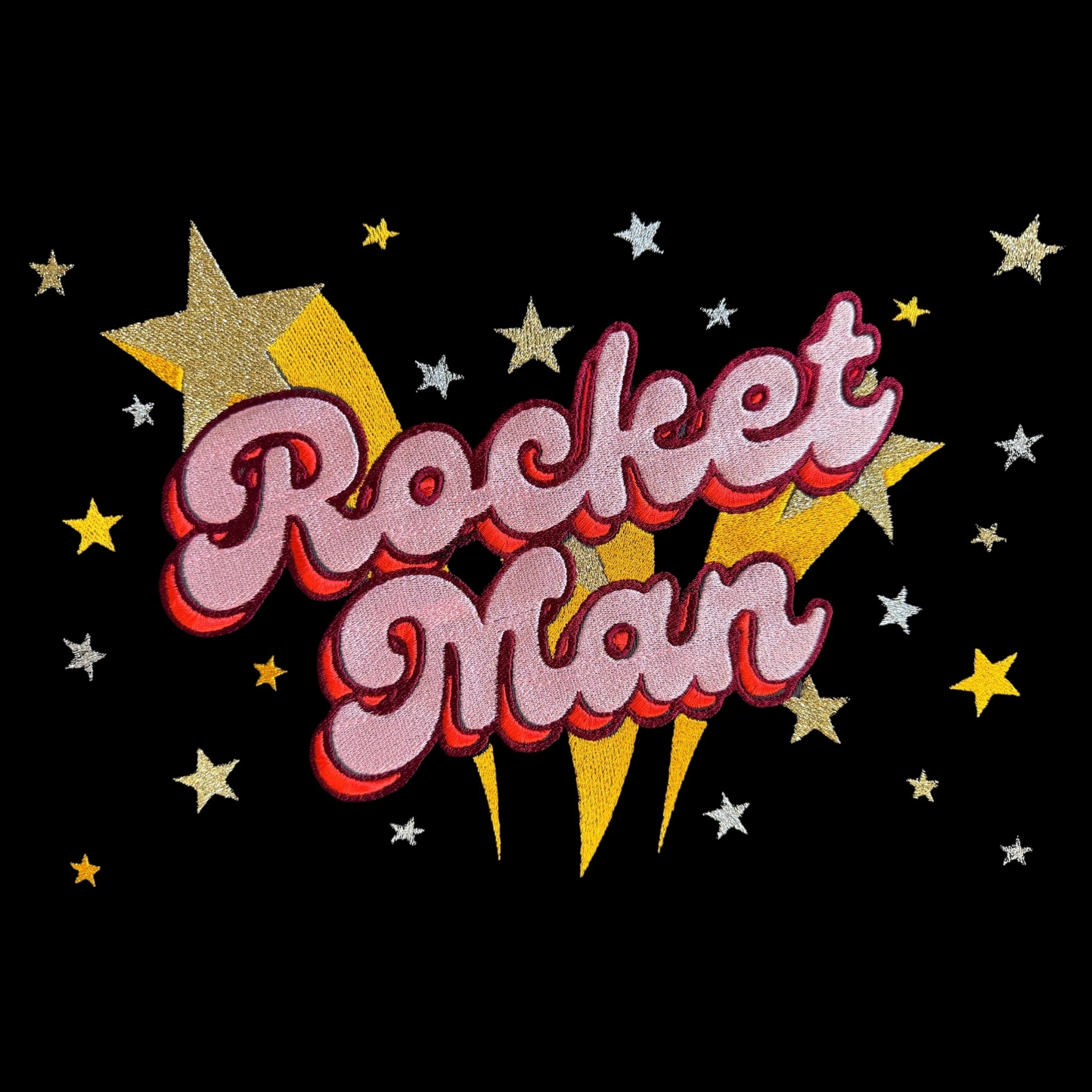 Gold Label 'ROCKET MAN' 1970s glam glitter star embroidered organic women's dropped shoulder 'alma' sweatshirt