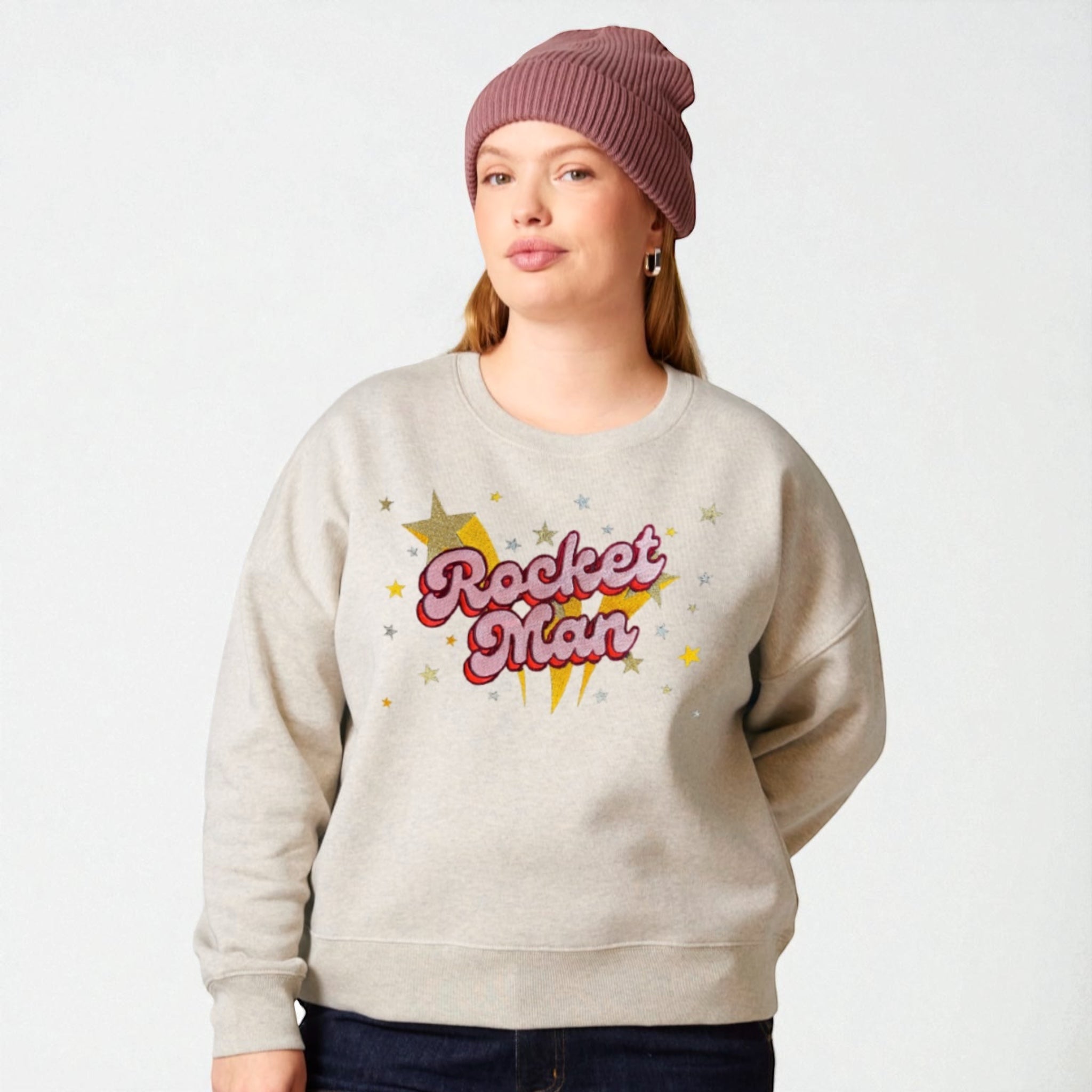 Gold Label 'ROCKET MAN' 1970s glam glitter star embroidered organic women's dropped shoulder 'alma' sweatshirt