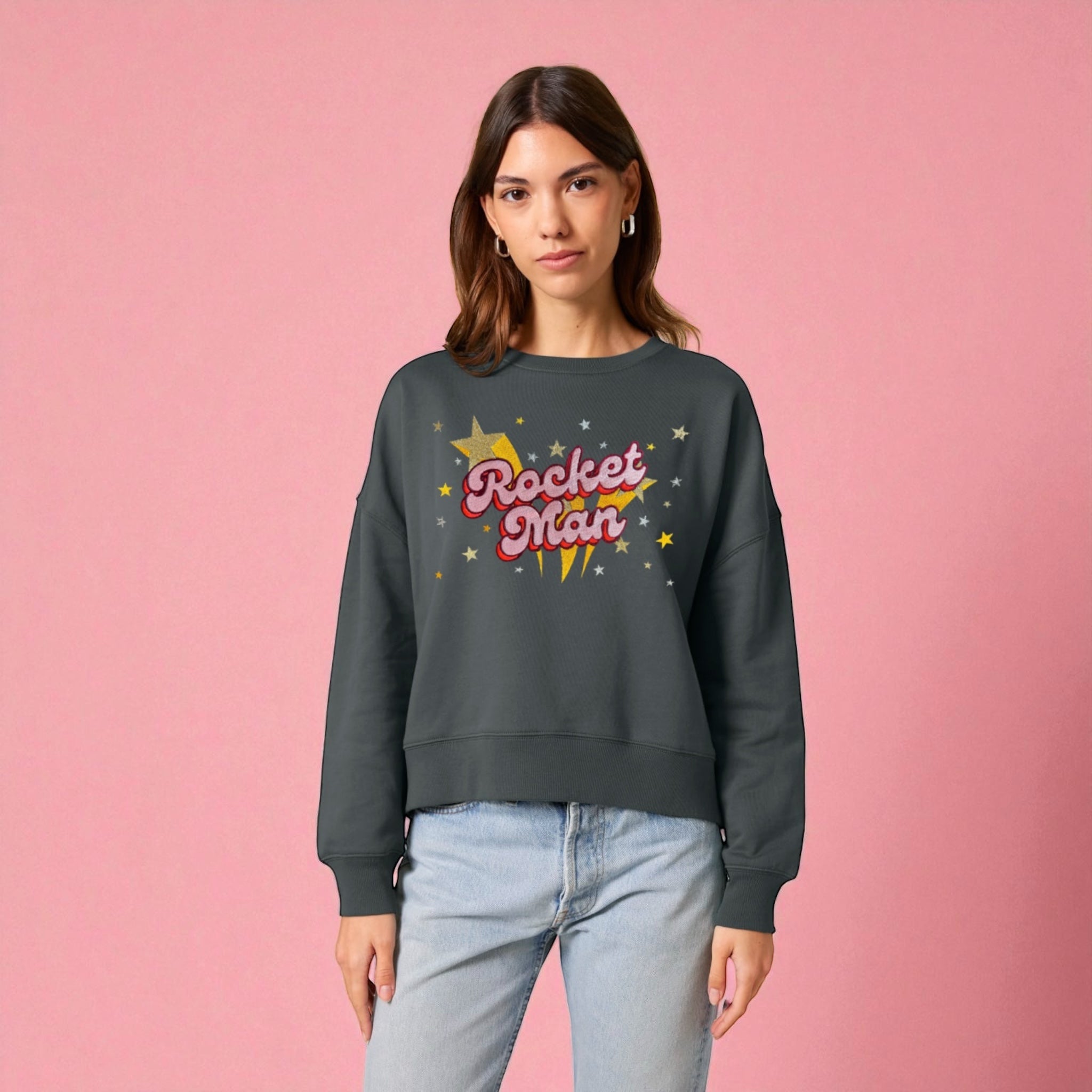 Gold Label 'ROCKET MAN' 1970s glam glitter star embroidered organic women's dropped shoulder 'alma' sweatshirt